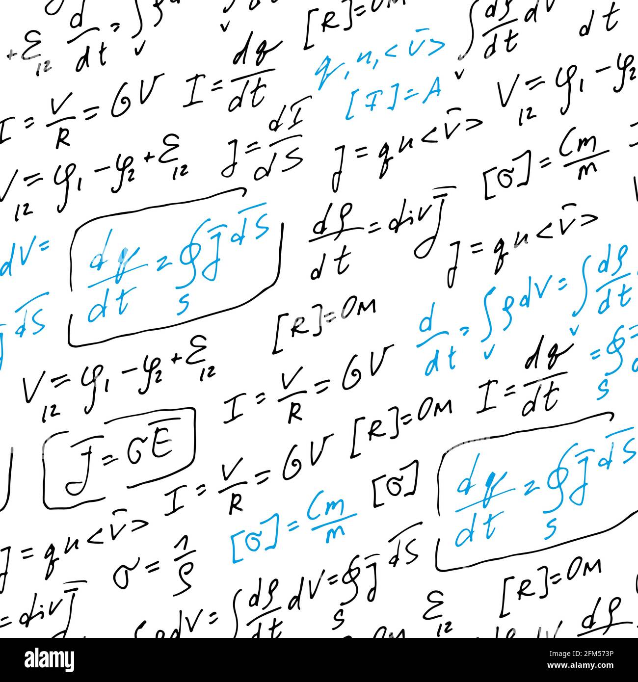 Formule di fisica modello vettoriale scritto a mano, sfondo senza giunture astratto, equazioni disegnate a mano isolate su sfondo bianco, scientifico, educazione ba Illustrazione Vettoriale