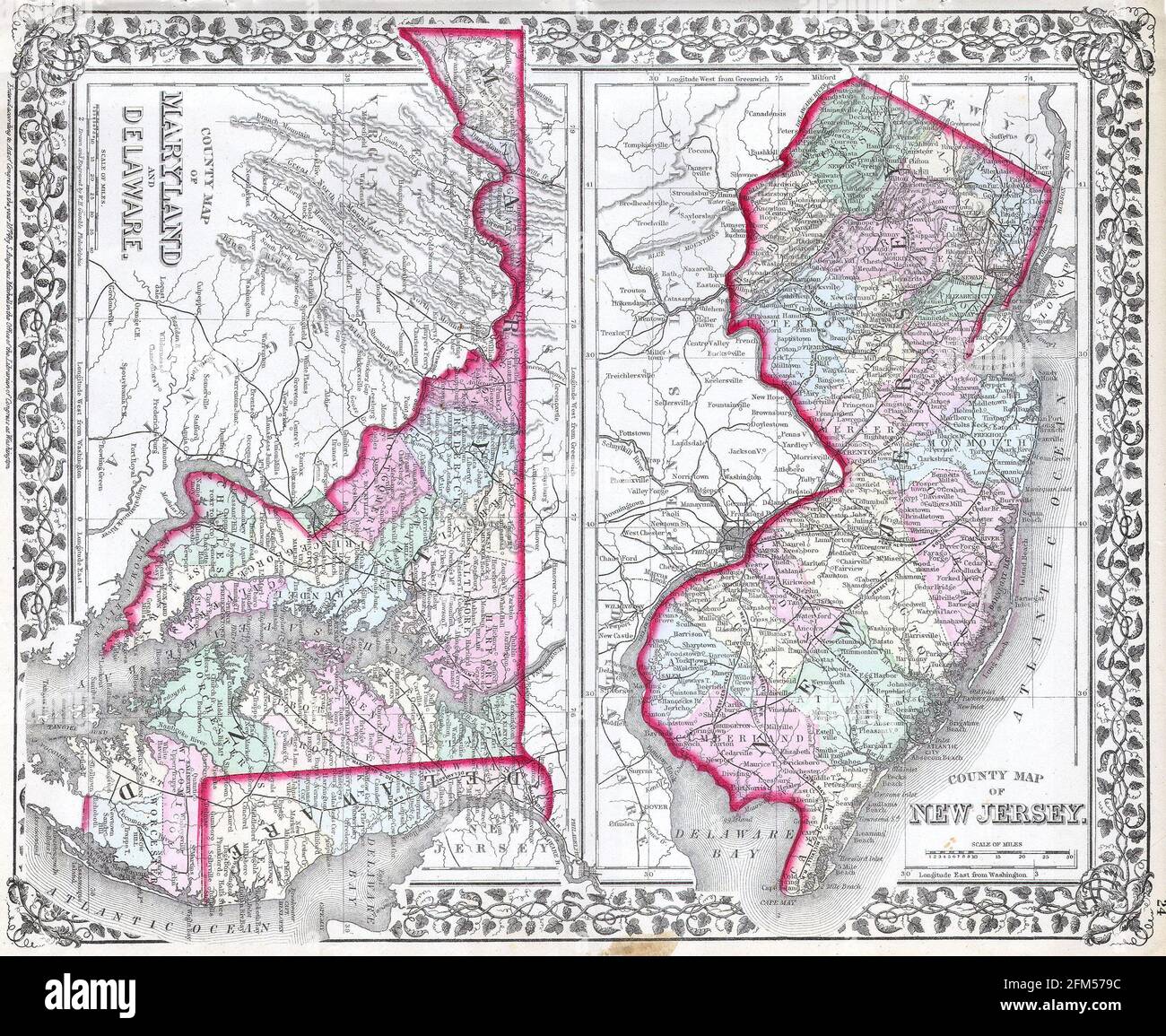 Carta d'epoca in rame incisa del Delaware del XIX secolo. Tutte le mappe sono splendidamente colorate e illustrate mostrando il mondo in quel momento. Foto Stock