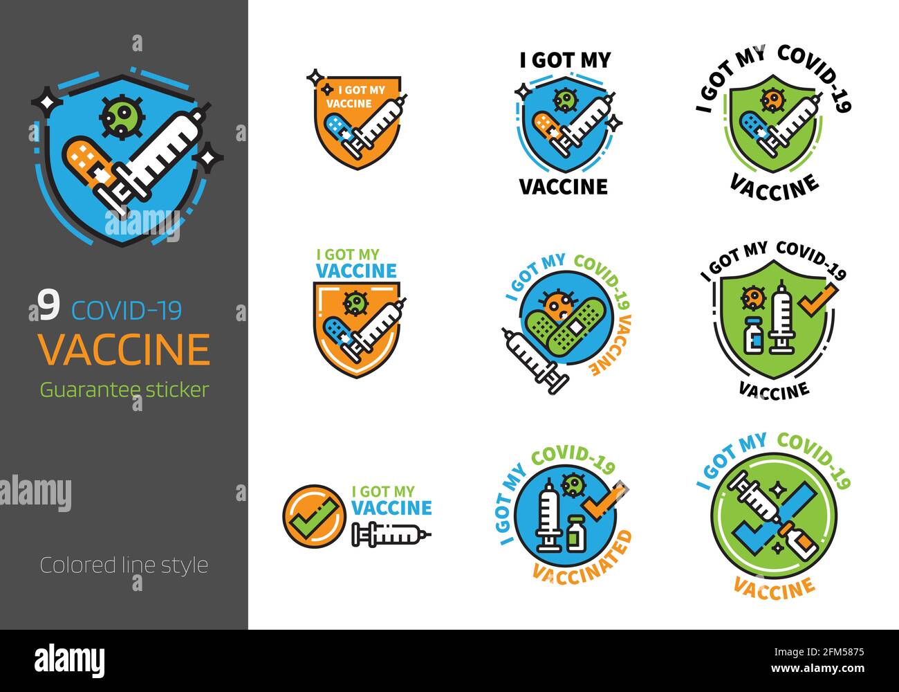 Logo di vaccinazione Covid-19 design colorato stile linea. Ho ricevuto il mio concetto di vaccino Corona virus 2019-nCov. Illustrazione Vettoriale
