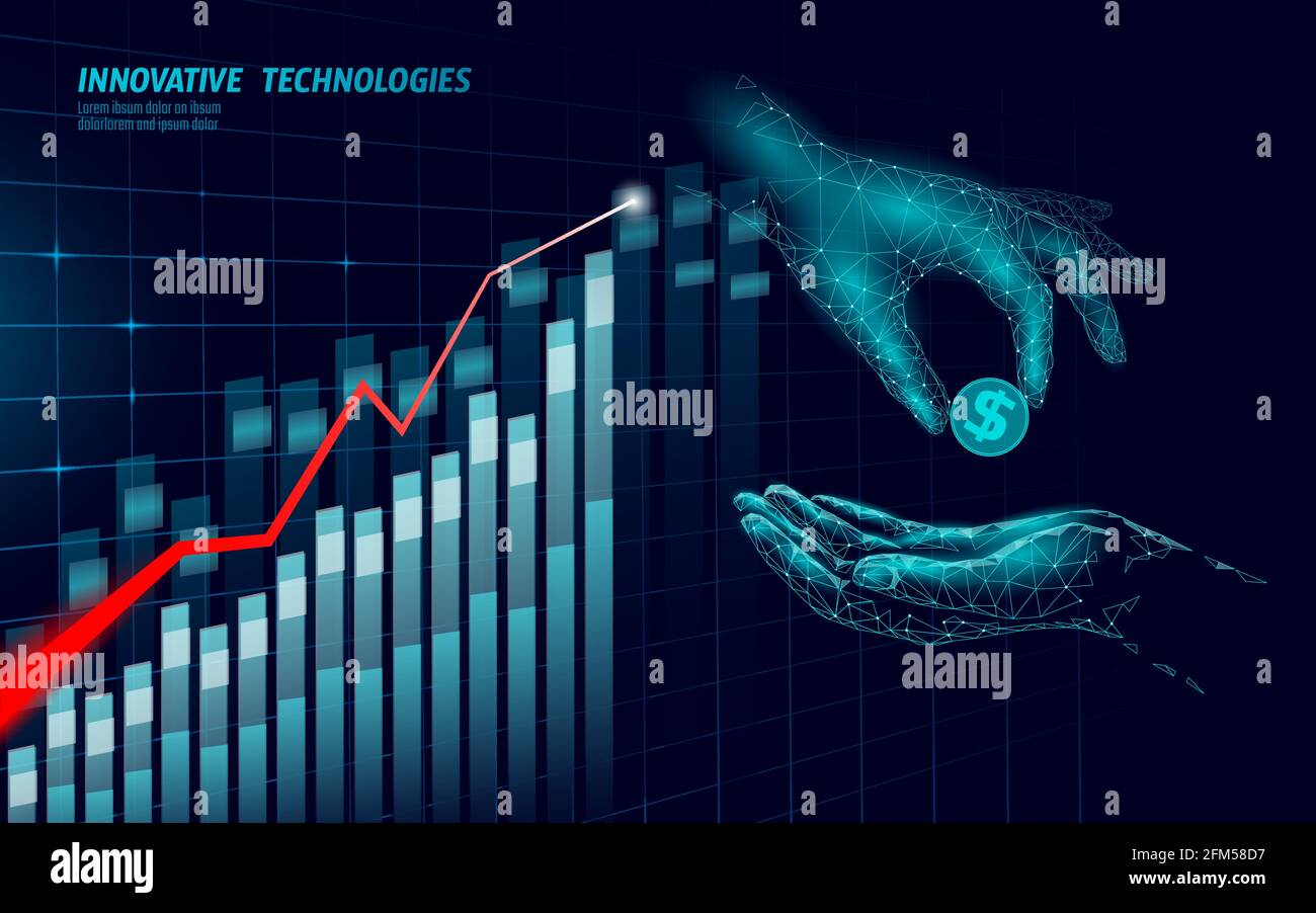 Raccolta di fondi dando mano di denaro. Volontariato di beneficenza donare progetto sociale. Finanziamento finanziario scuro basso polyvector illustrazione Illustrazione Vettoriale