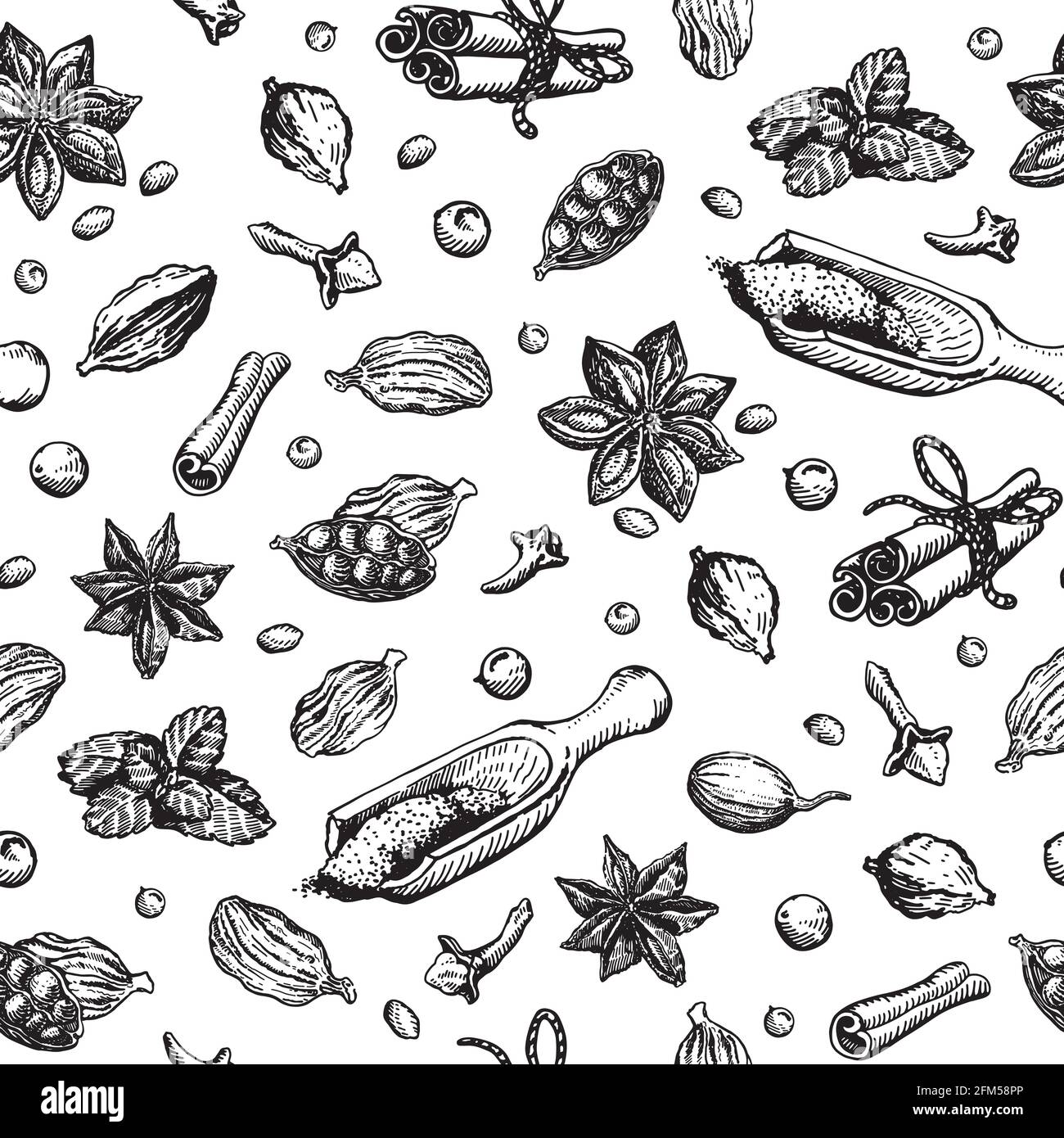 Fondo cucina senza cuciture con spezie, illustrazione vettoriale in stile vintage. Illustrazione Vettoriale