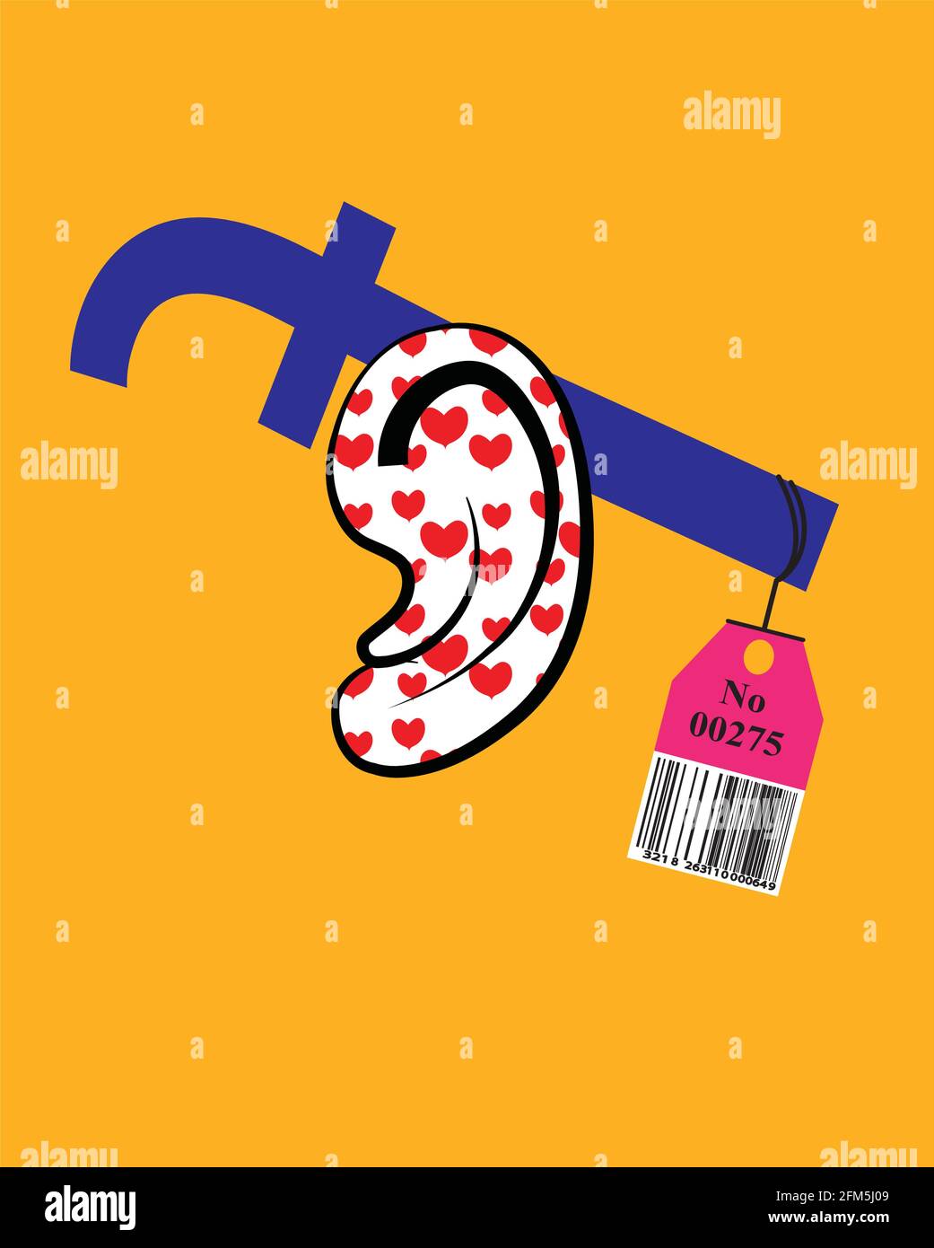 illustrazione del logo facebook sopra l'orecchio che mostra il suo valore, isolato su uno sfondo giallo Illustrazione Vettoriale