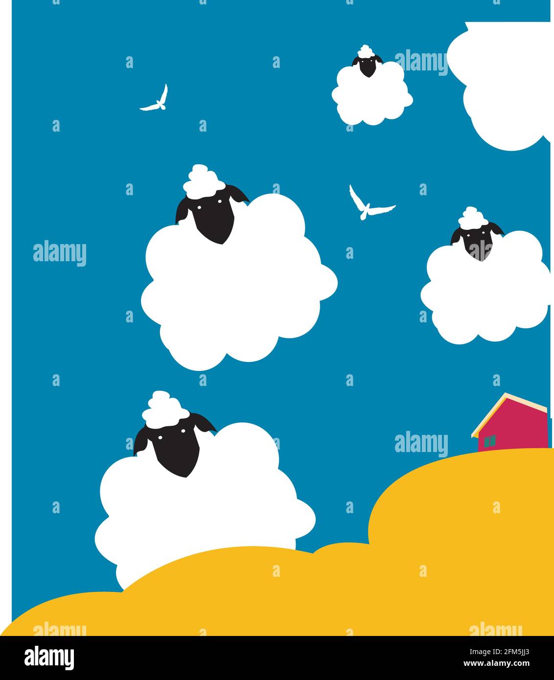illustrazione di diversi fogli come nuvole su una landcsape gialla con una casa rosa Illustrazione Vettoriale