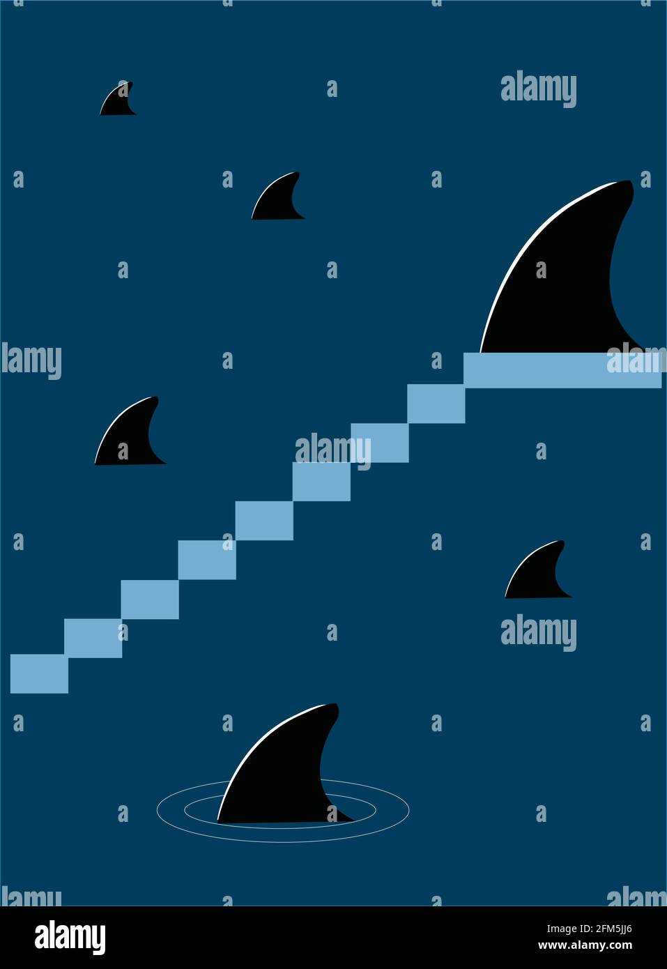 Illustrazione dell'idea dello spettacolo Truman con gli squali che escono dell'acqua per bollire il pericolo in una falsa illusoria mondo Illustrazione Vettoriale