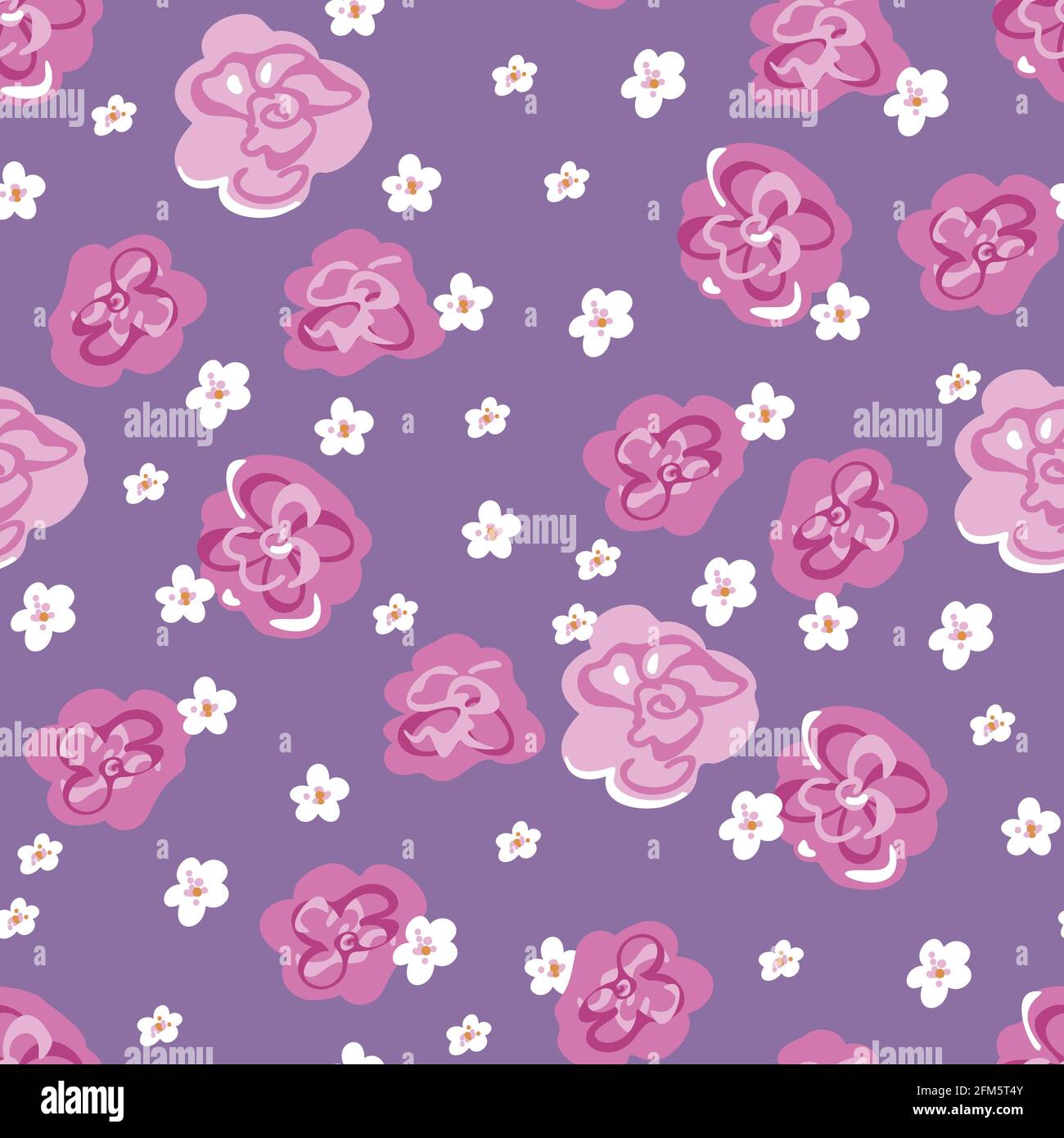 Modello vettoriale senza giunture con rose decorative e piccoli fiori bianchi. Fiori in fiore modello. Illustrazione Vettoriale
