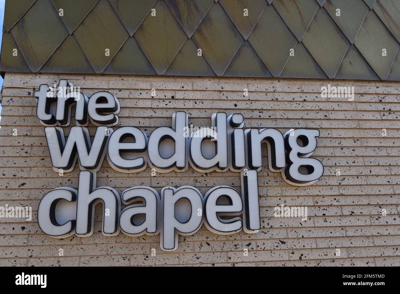 Il cartello della cappella nuziale, Blackpool Promenade, Regno Unito Foto Stock