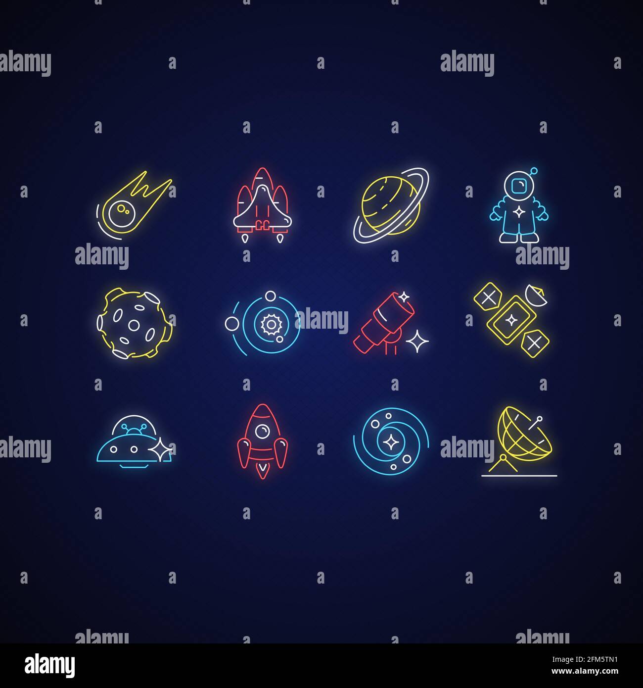 Set di icone di luce al neon astronautica Illustrazione Vettoriale
