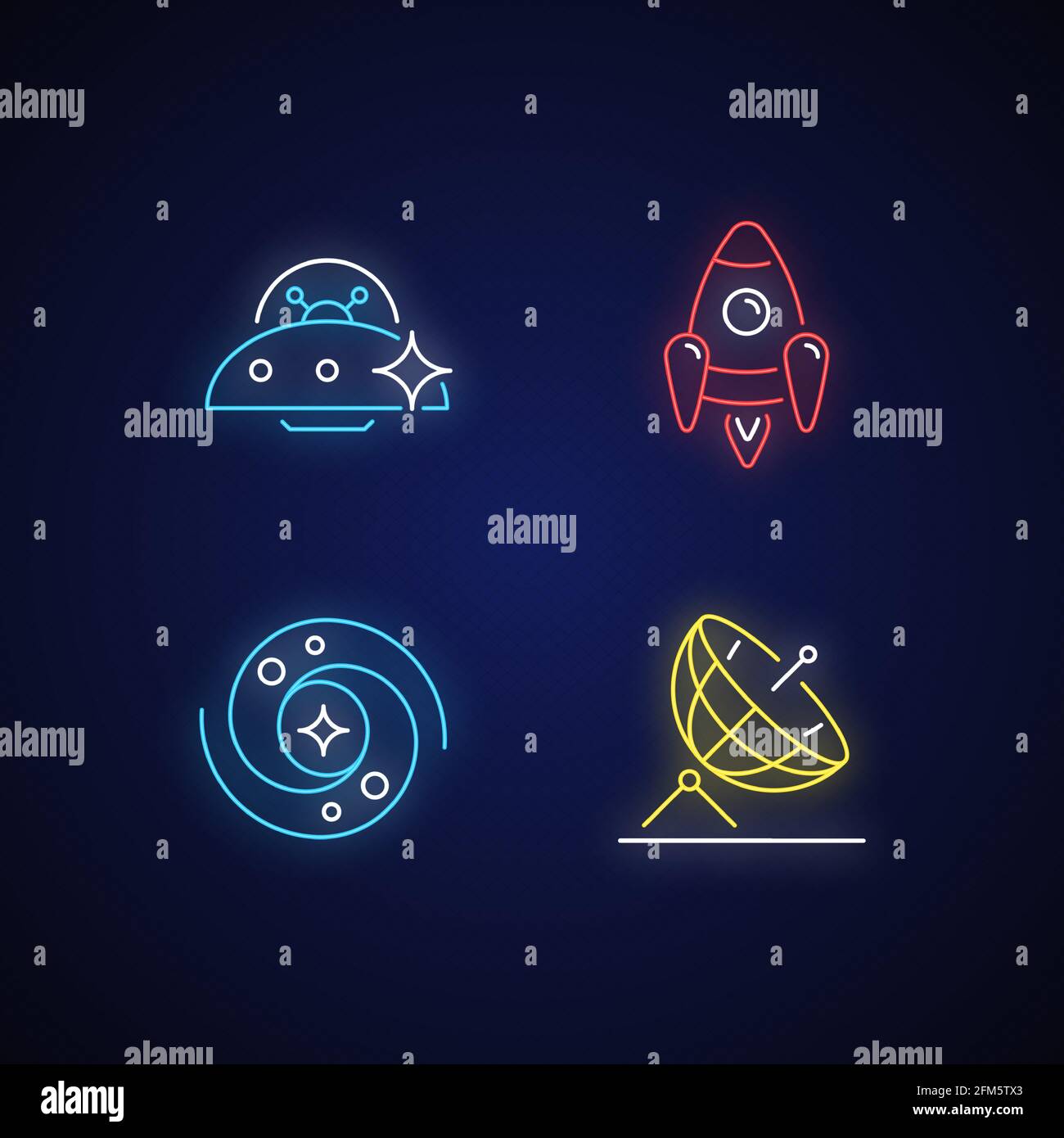 Set di icone di luce al neon astronautica Illustrazione Vettoriale
