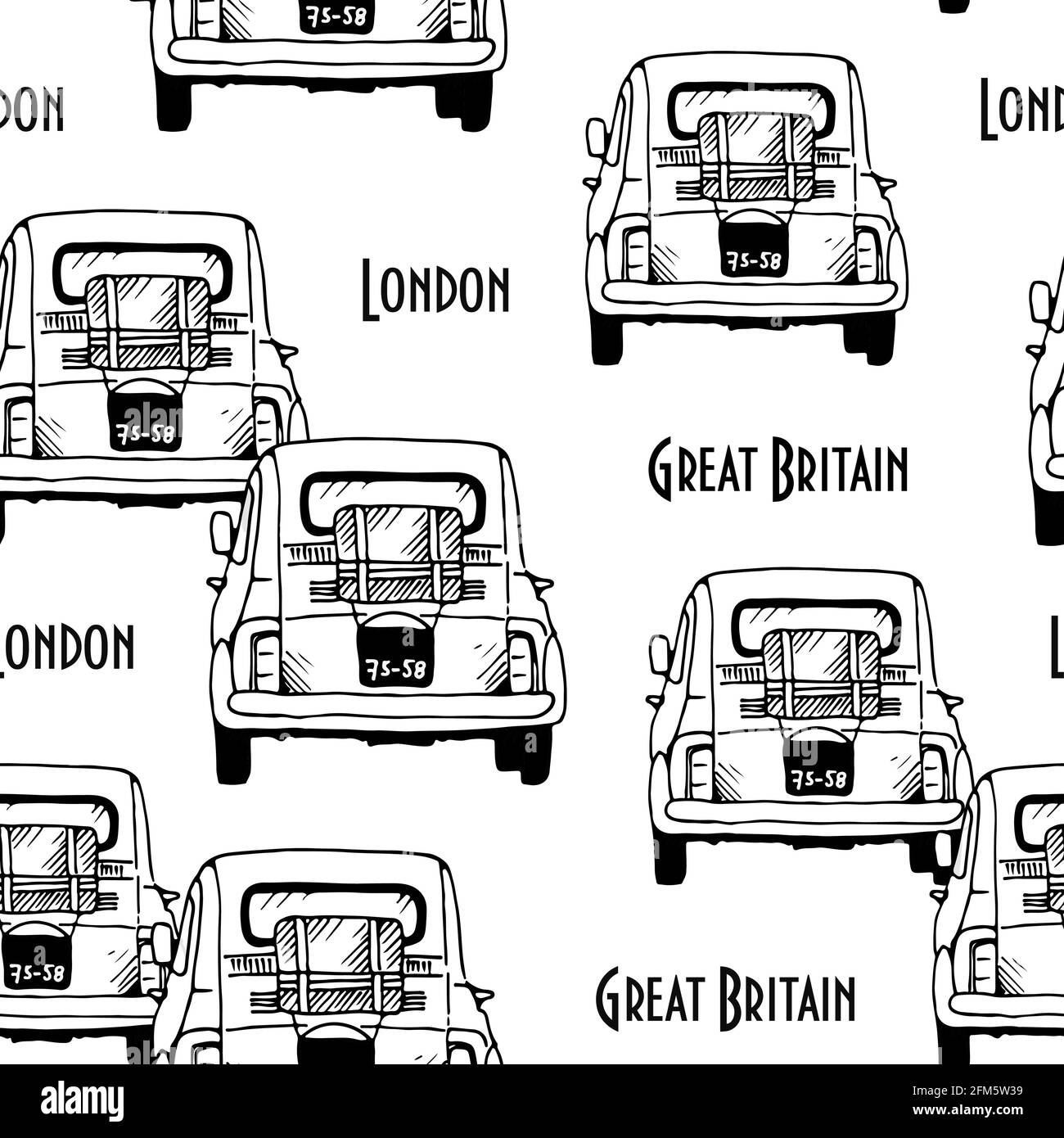 Vecchie auto vettoriali modello senza giunture, disegnate a mano automobili retrò su sfondo bianco con testo Illustrazione Vettoriale