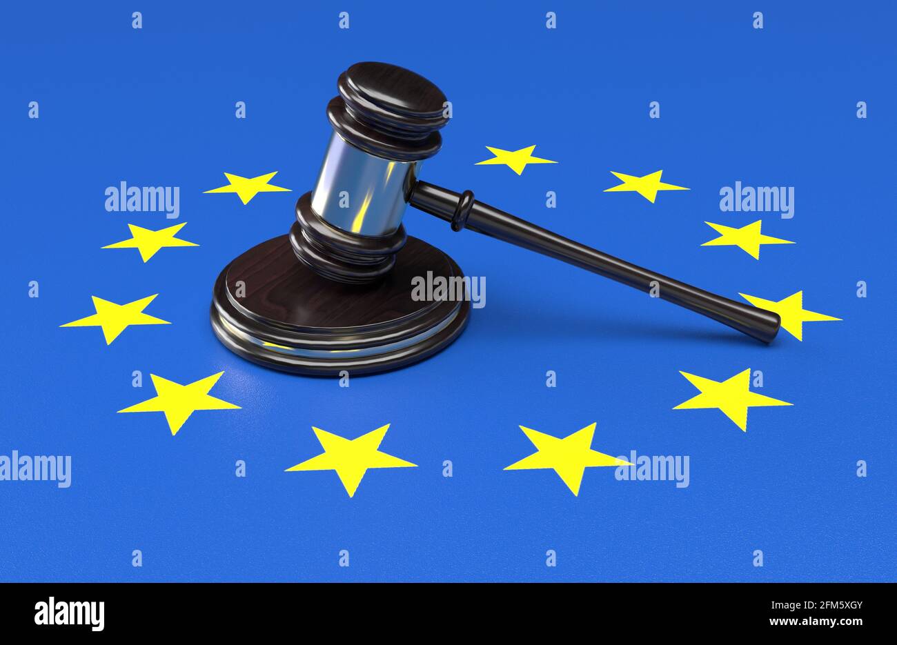 Sfondo della bandiera dell'UE e grande gavel di legge per le leggi europee Foto Stock