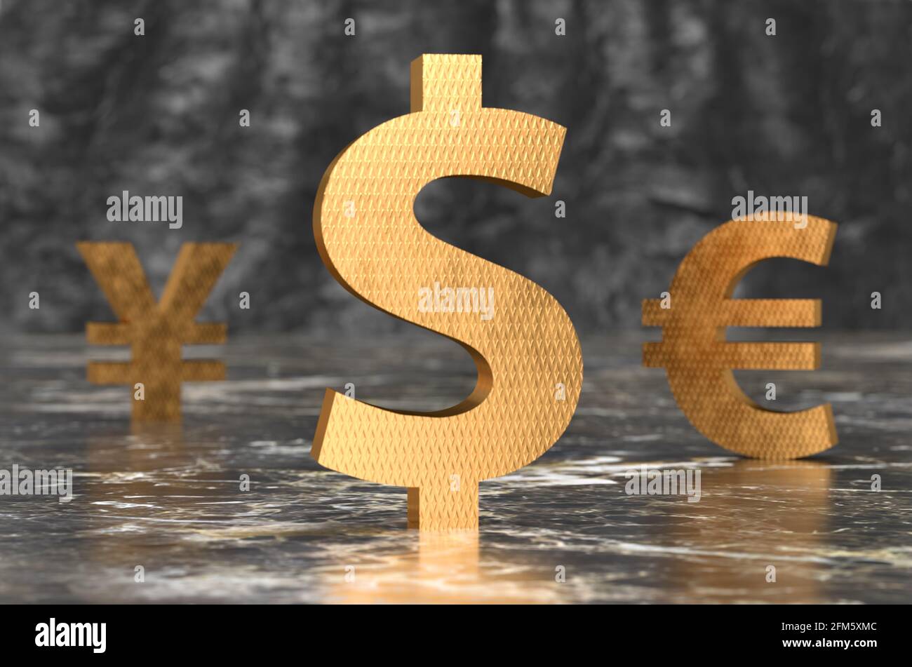 Big Golden 3D dollaro euro yuan moneta simboli su lucido Rendering 3D del pavimento in marmo Foto Stock