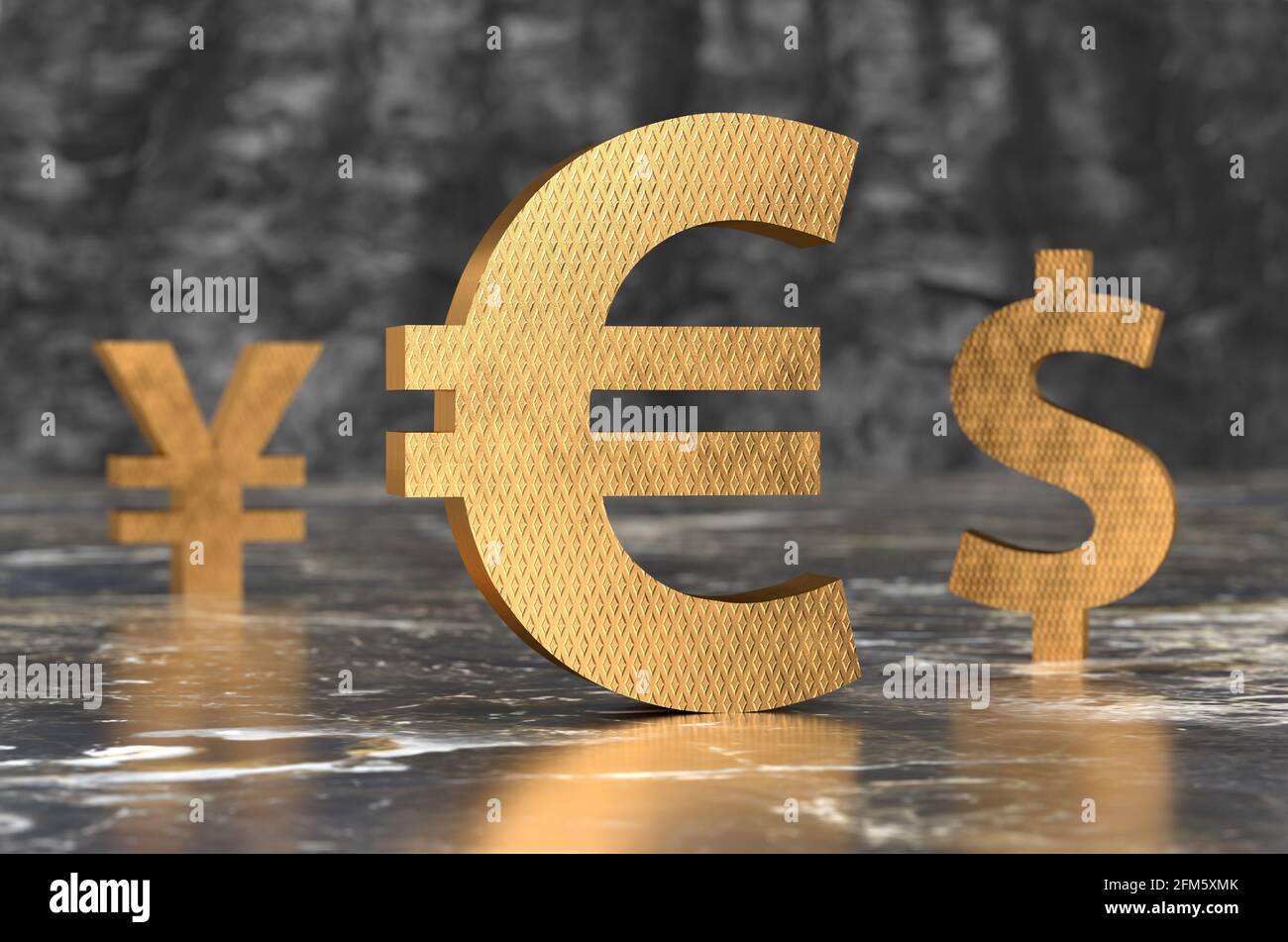 Big Golden 3D euro dollaro yuan simboli di valuta su lucido Rendering 3D del pavimento in marmo Foto Stock