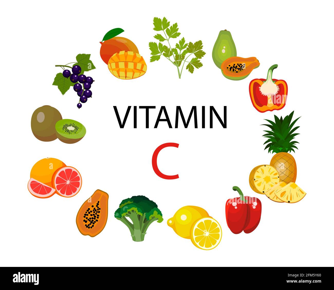 Un insieme di fonti di vitamina C. frutta e verdura arricchite con acido  ascorbico. Alimentazione dietetica Immagine e Vettoriale - Alamy