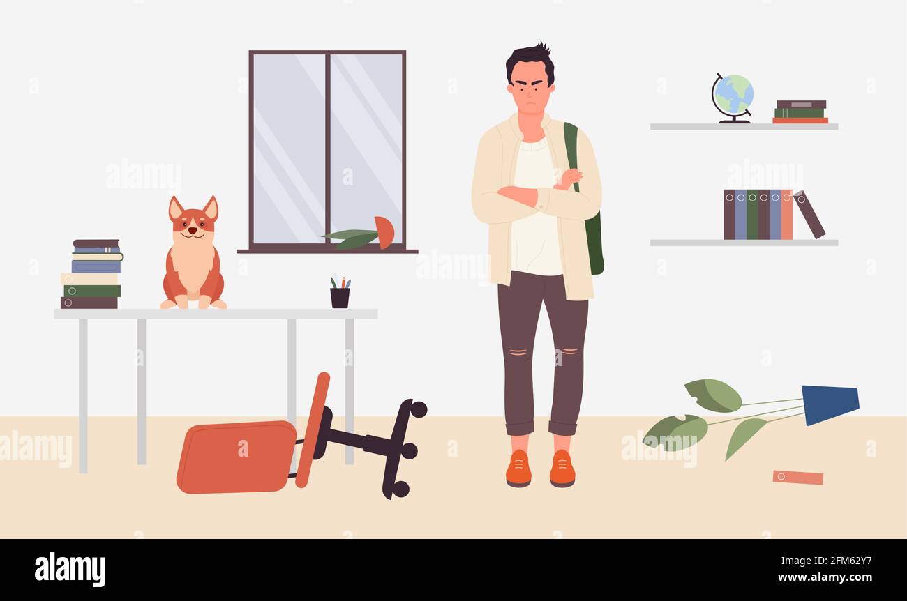 Cattivo comportamento di animali domestici, cagnolino di cane malizioso illustrazione vettore. Cartoon carino cucciolo cattivo o brutto gobbo giocoso seduto sul tavolo per giocare, proprietario animale domestico personaggio arrabbiato a sfondo pasticcio Illustrazione Vettoriale