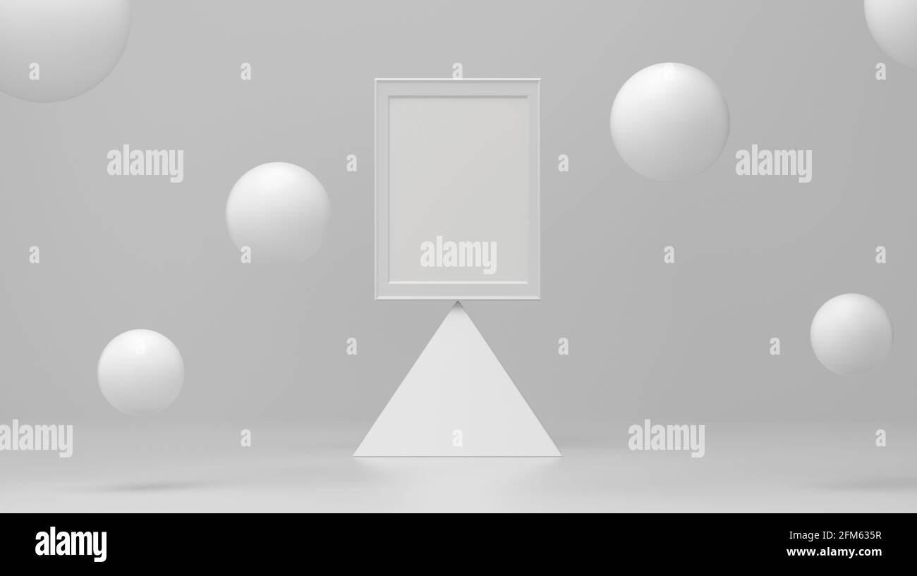 Cornice podio su una piramide con bolla fluttuante su studio bianco. Sfondo geometrico minimo forma sfondo astratto. Particelle galleggianti.. rendering 3d Foto Stock