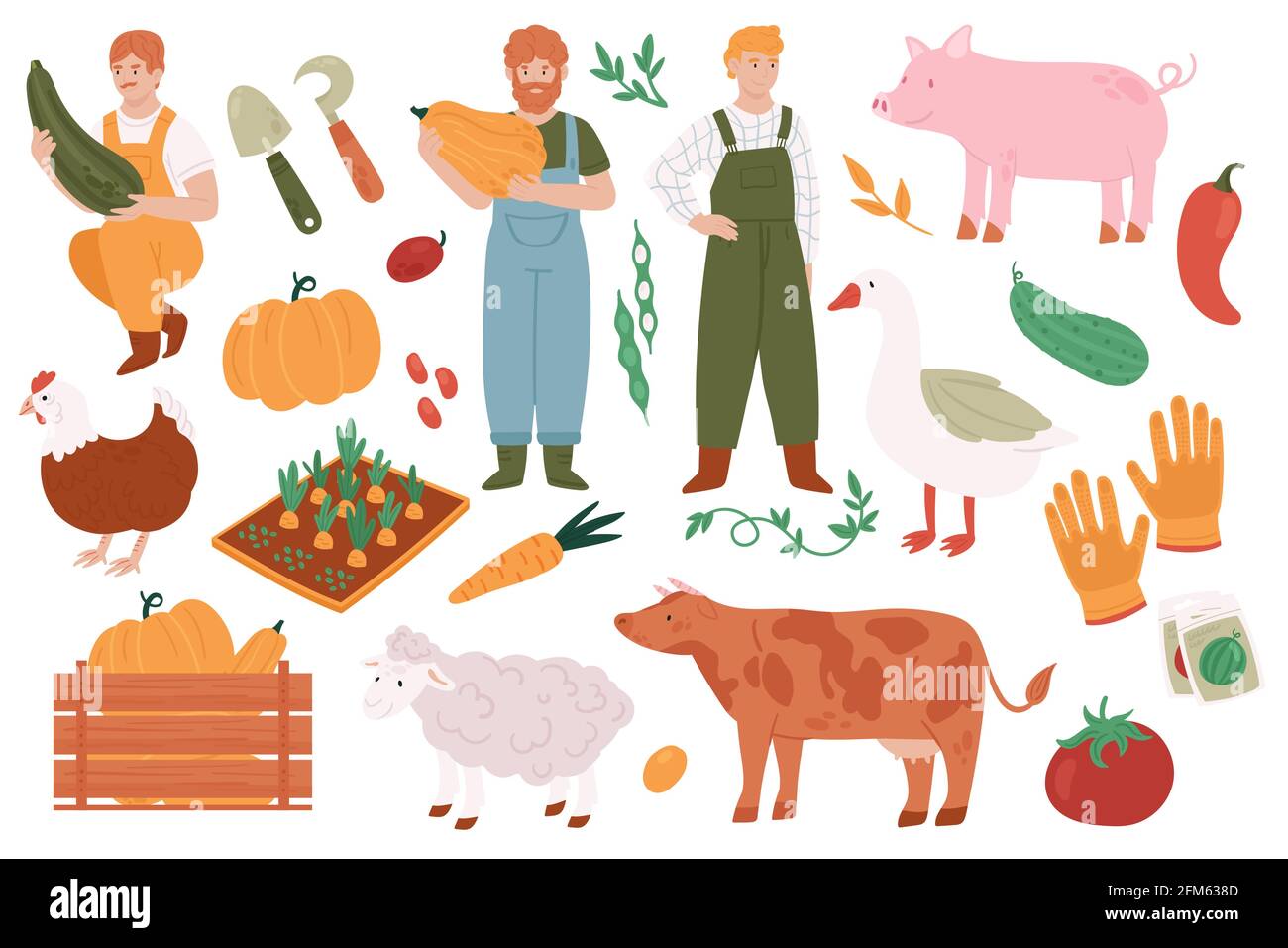 Persone agricoltori che coltivano, coltivano ortaggi raccolto per la vendita in agricoltura mercato vettore illustrazione insieme. Cartoon giovane uomo lavoratori personaggi piantare prodotti agricoli biologici, cura animali domestici Illustrazione Vettoriale