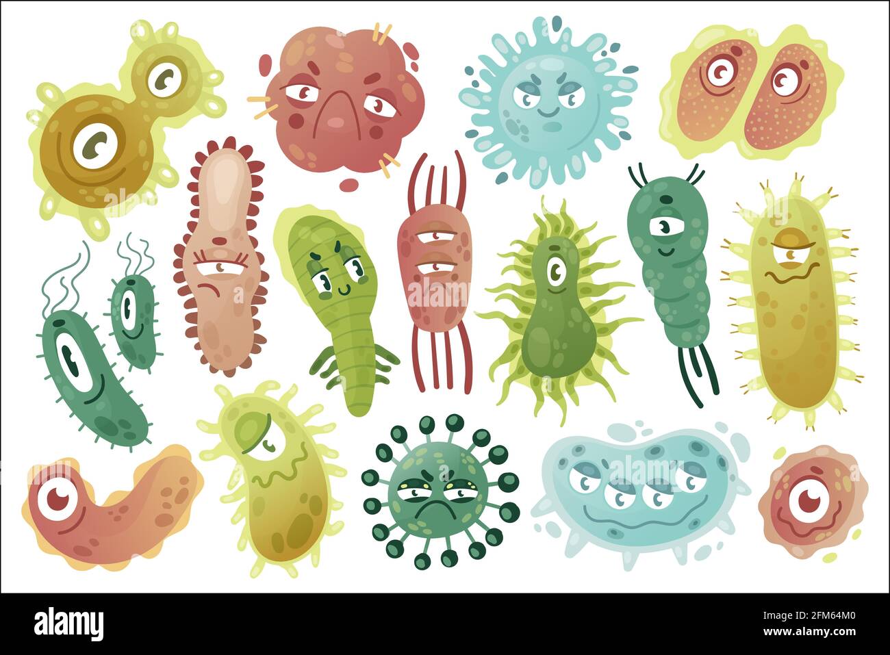 Germi, simpatico divertente e colorato insieme di illustrazione vettoriale. Cartoon comic germs malattia microrganismo creatura collezione di personaggi, kawaii microbi virus batteri patogeni con facce divertenti isolato su bianco Illustrazione Vettoriale