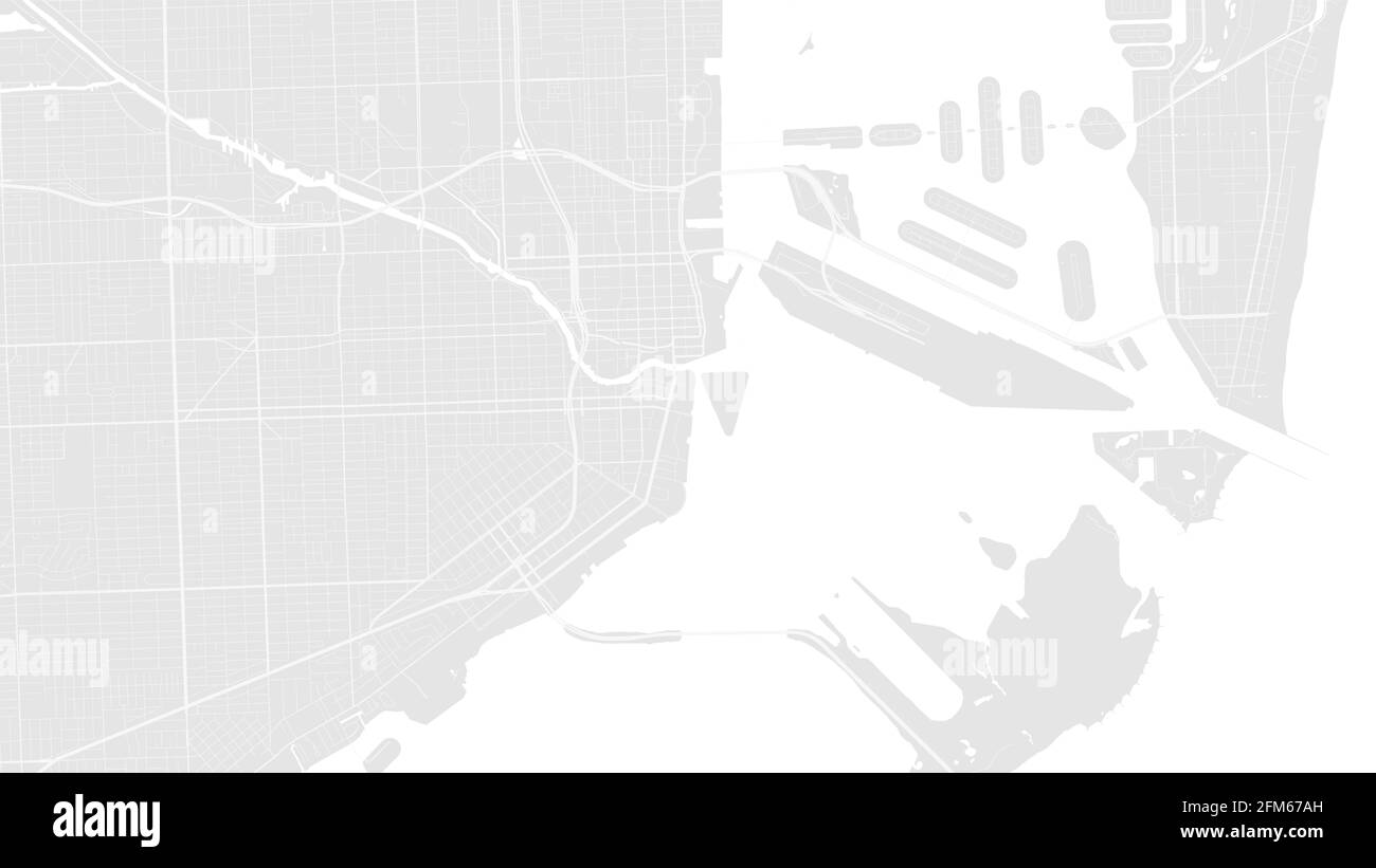 Grigio chiaro e bianco Miami città area vettore mappa di sfondo, strade e acqua cartografia illustrazione. Proporzione widescreen, design piatto digitale str Illustrazione Vettoriale