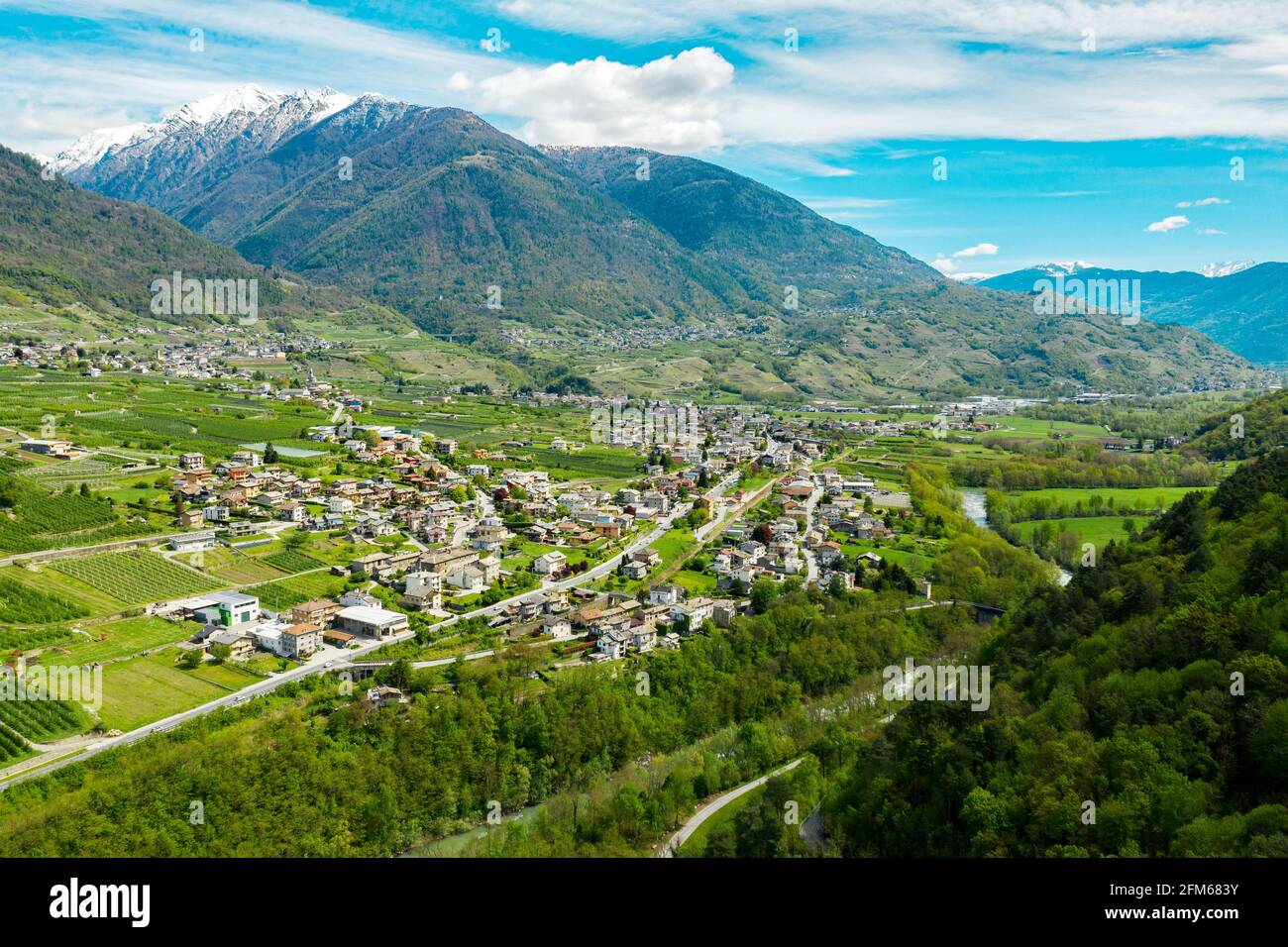 Valtellina (IT), veduta aerea del territorio di Chiuro Foto Stock