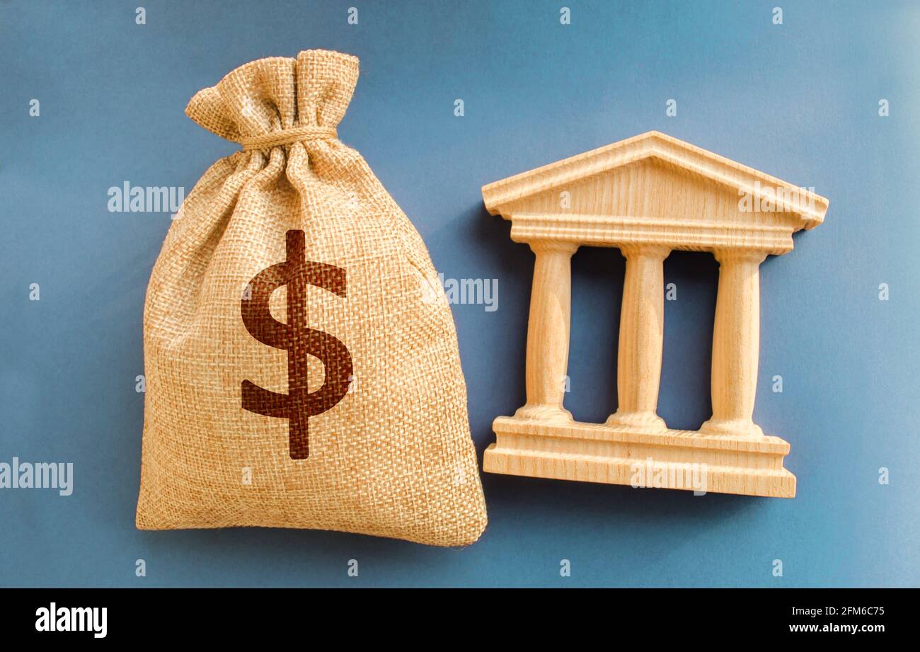 Dollari borsa di denaro e edificio governativo. Concetto di business e finanza. Deposito, prestito e investimento in banca. Credito. Aiuto dallo stato. Sub Foto Stock