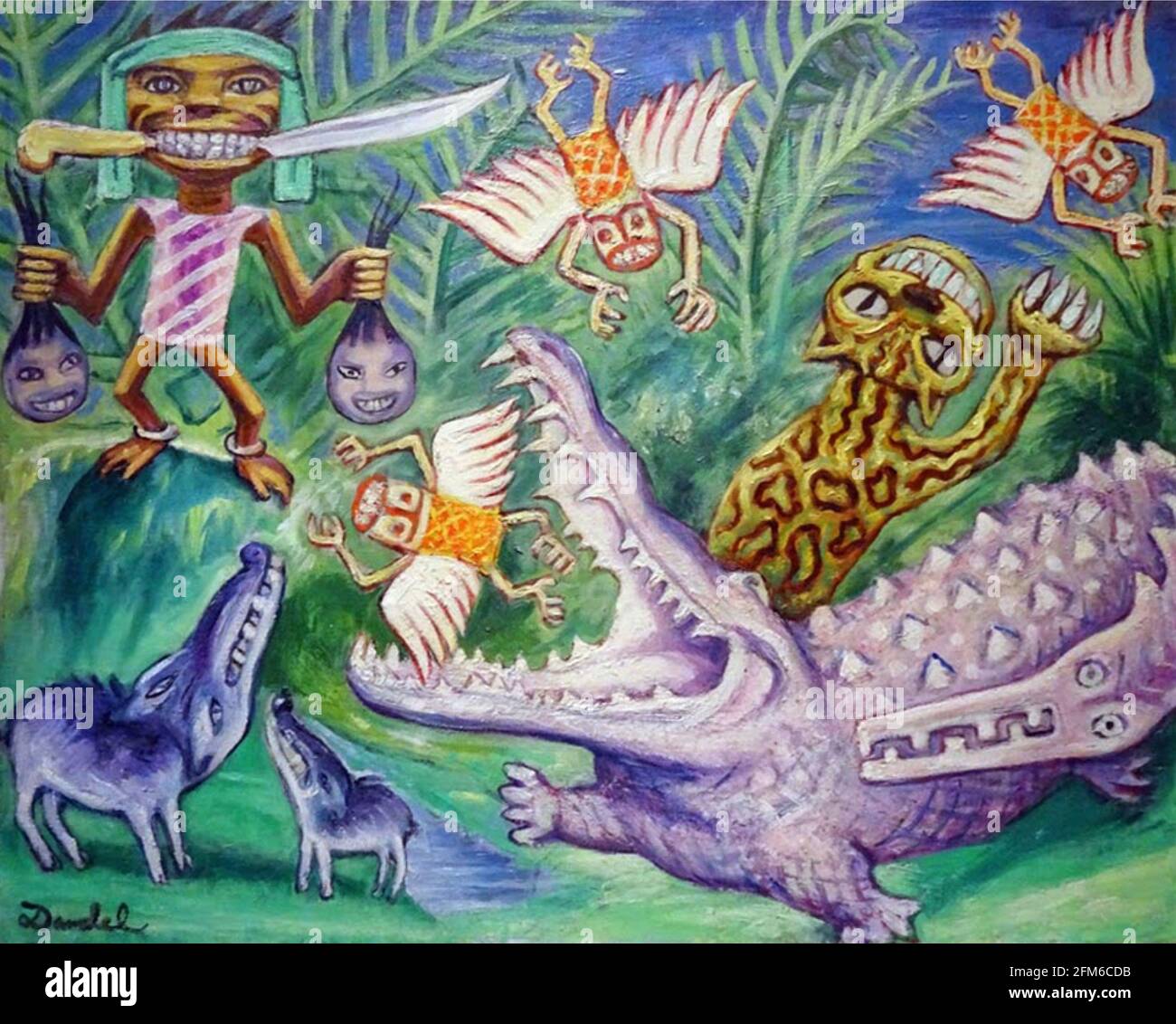 L'opera d'arte di Nils Dardel intitolata il pomeriggio del cacciatore di testa. Il cacciatore di teste tiene i frutti del suo lavoro in entrambe le mani e in culo in bocca. Foto Stock