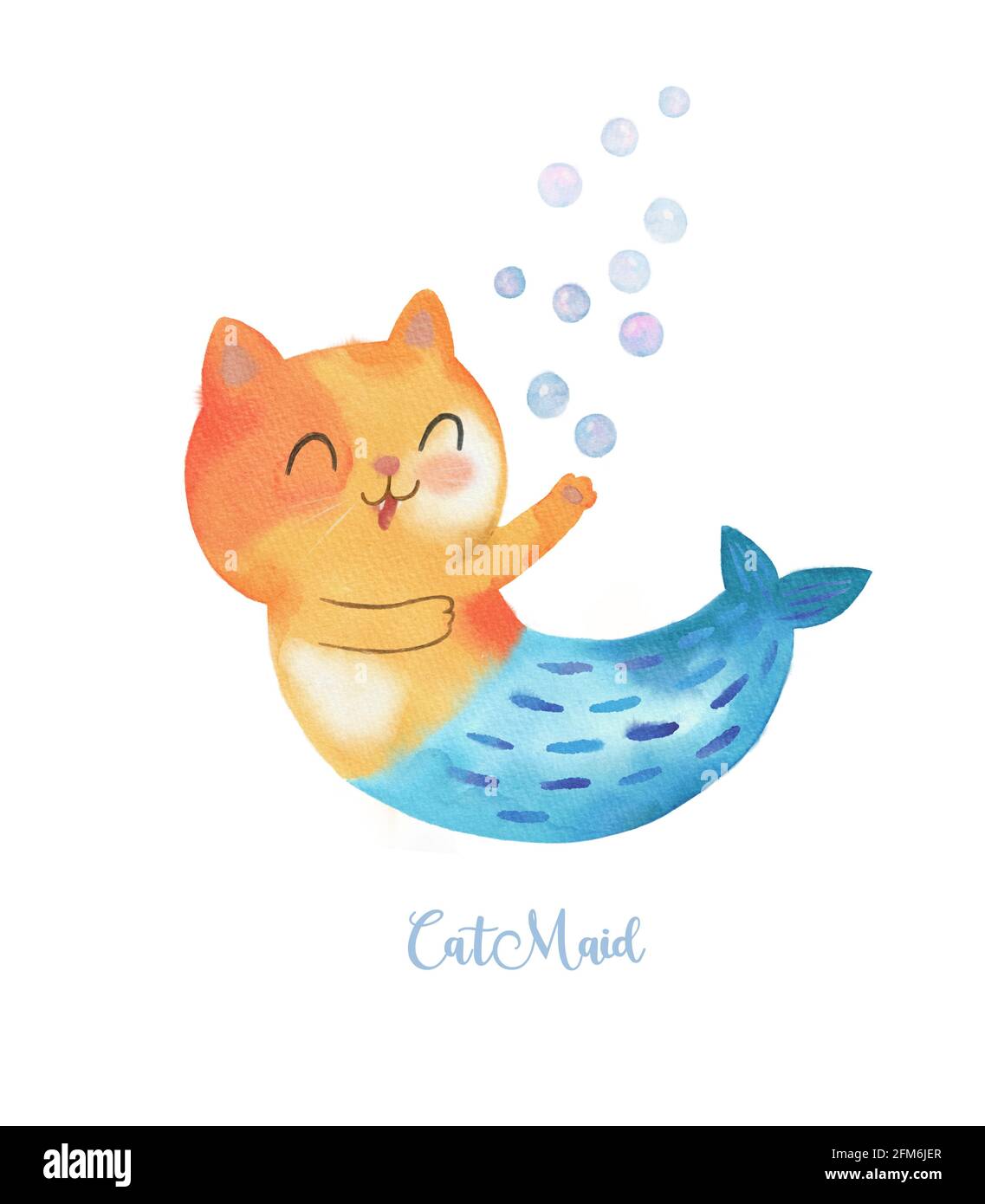 Carino Acquerello Sirenetta di gatto delle puri-maid. Sirena di Little Kitty in stile kiddish Foto Stock