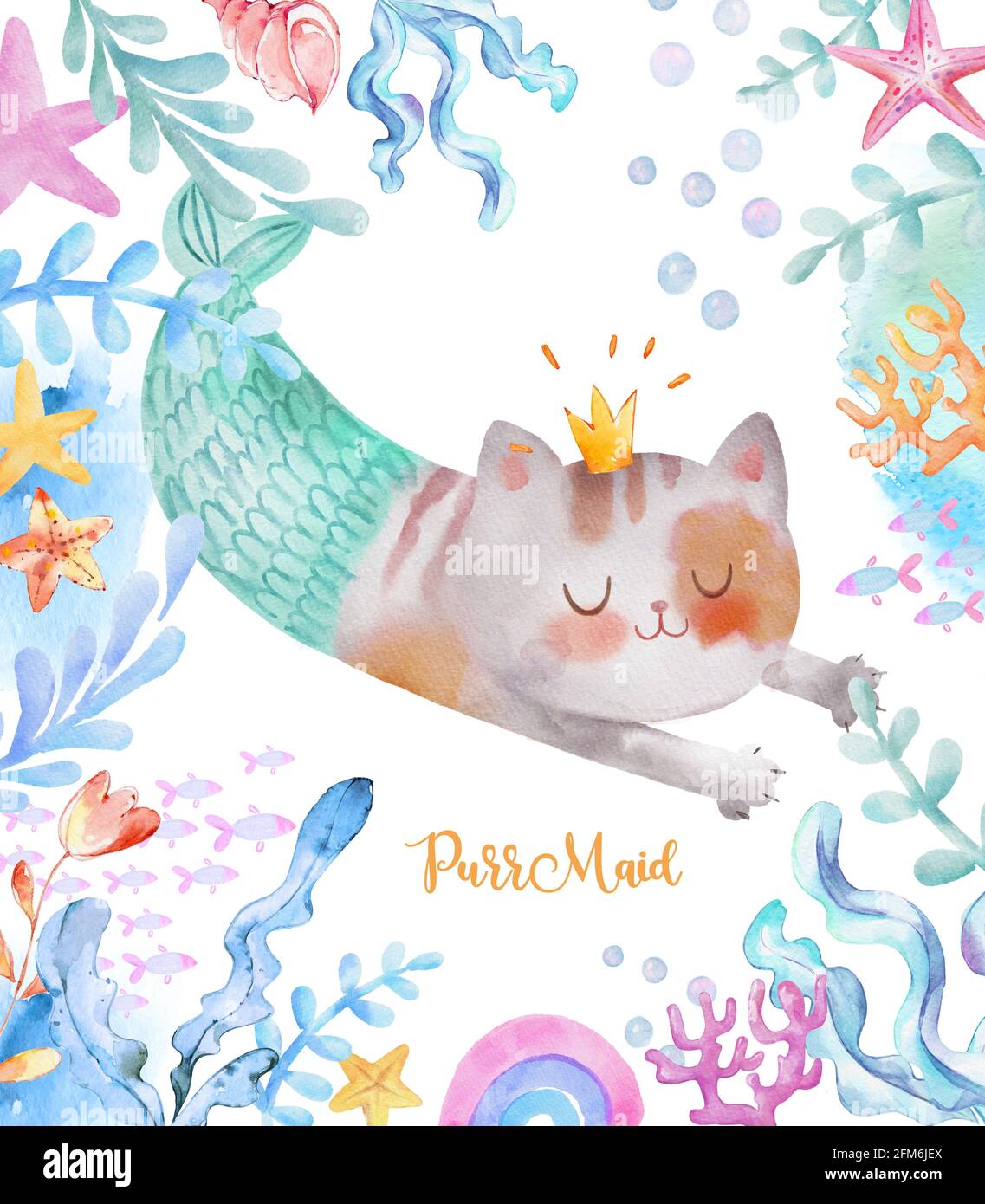 Acquerello subacqueo sfondo con gatto-sirena, purrmaid, alghe, pesce. Coralli di stelle marine, arcobaleno, conchiglie elementi del mare. Illustrazione di Cartoon per bambini Foto Stock