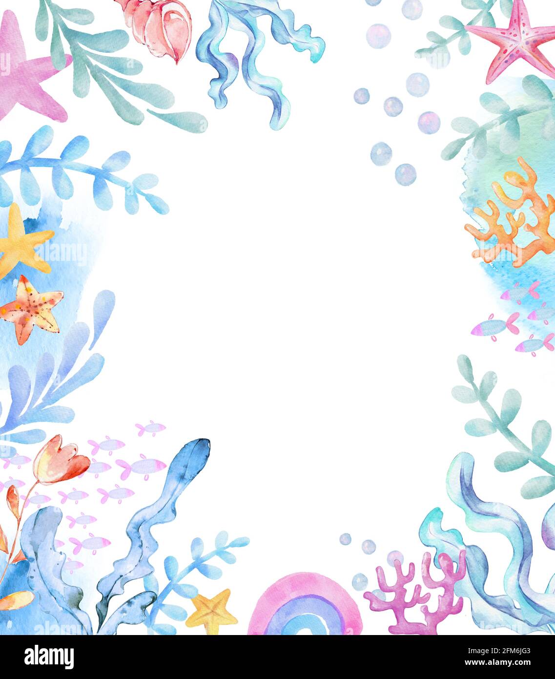 Acquerello subacqueo sfondo. Alghe, pesci. Coralli di stelle marine, arcobaleno, conchiglie elementi marini. Illustrazione di Cartoon per bambini Foto Stock