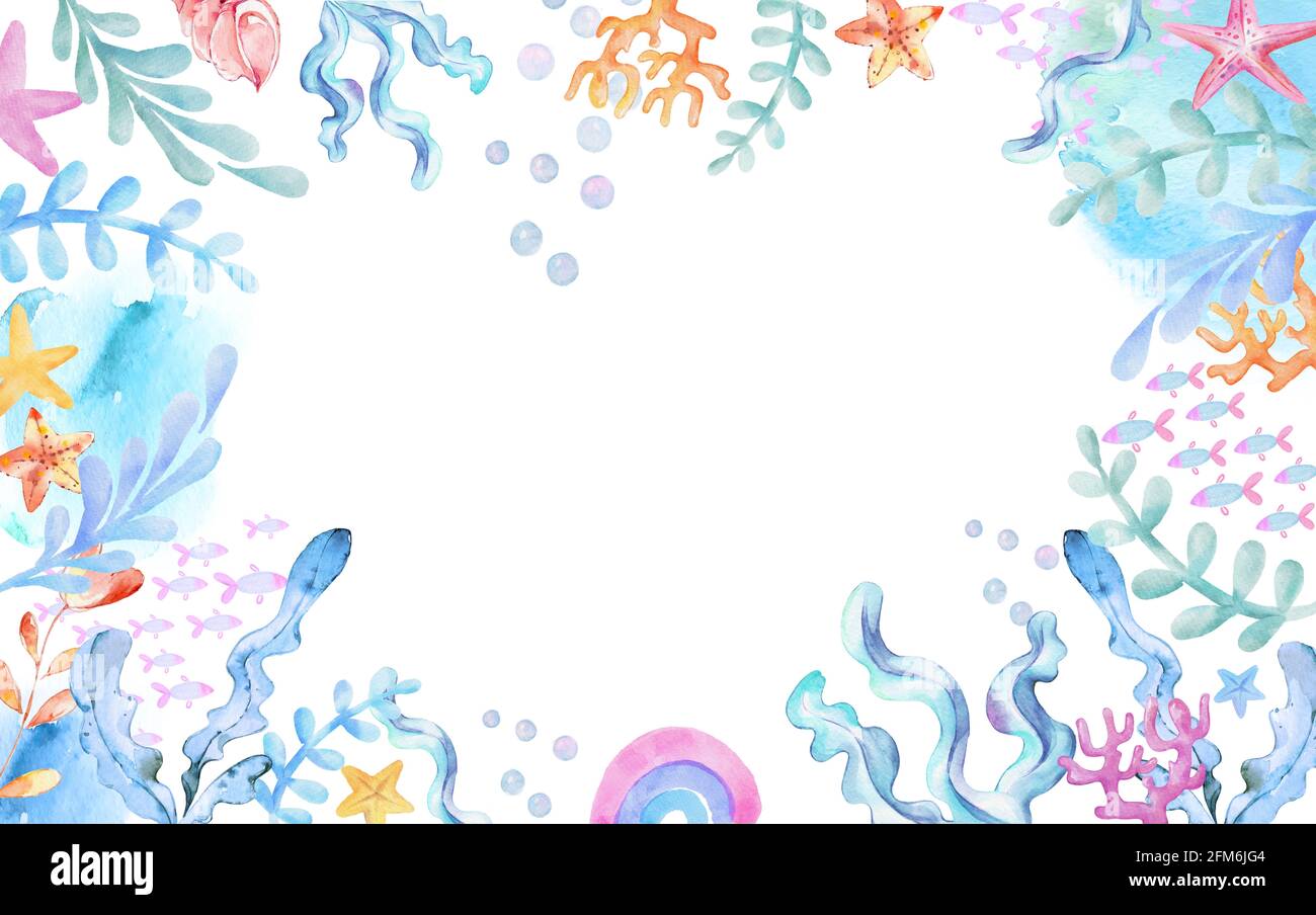 Acquerello subacqueo sfondo. Alghe, pesci. Coralli di stelle marine, arcobaleno, conchiglie elementi marini. Illustrazione di Cartoon per bambini Foto Stock