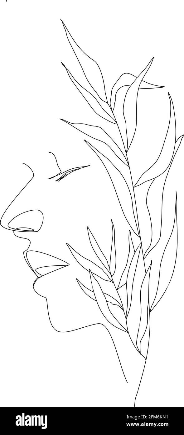Donna di linea d'arte con pianta. Un ritratto di moda per stampa, poster, tatuaggi e qualsiasi scopo di design Illustrazione Vettoriale
