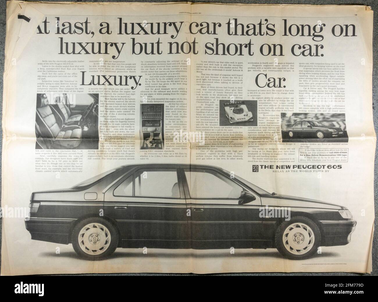 Annuncio per la nuova Peugeot 605 all'interno del giornale Observer il 3 marzo 1991 durante la guerra in Iraq. Foto Stock