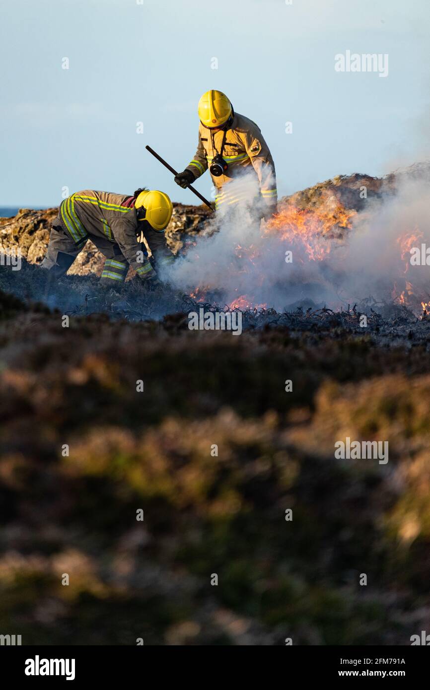 Gli equipaggi antincendio affrontano il fuoco di Gorse sull'isola di Anglesey. Foto Stock