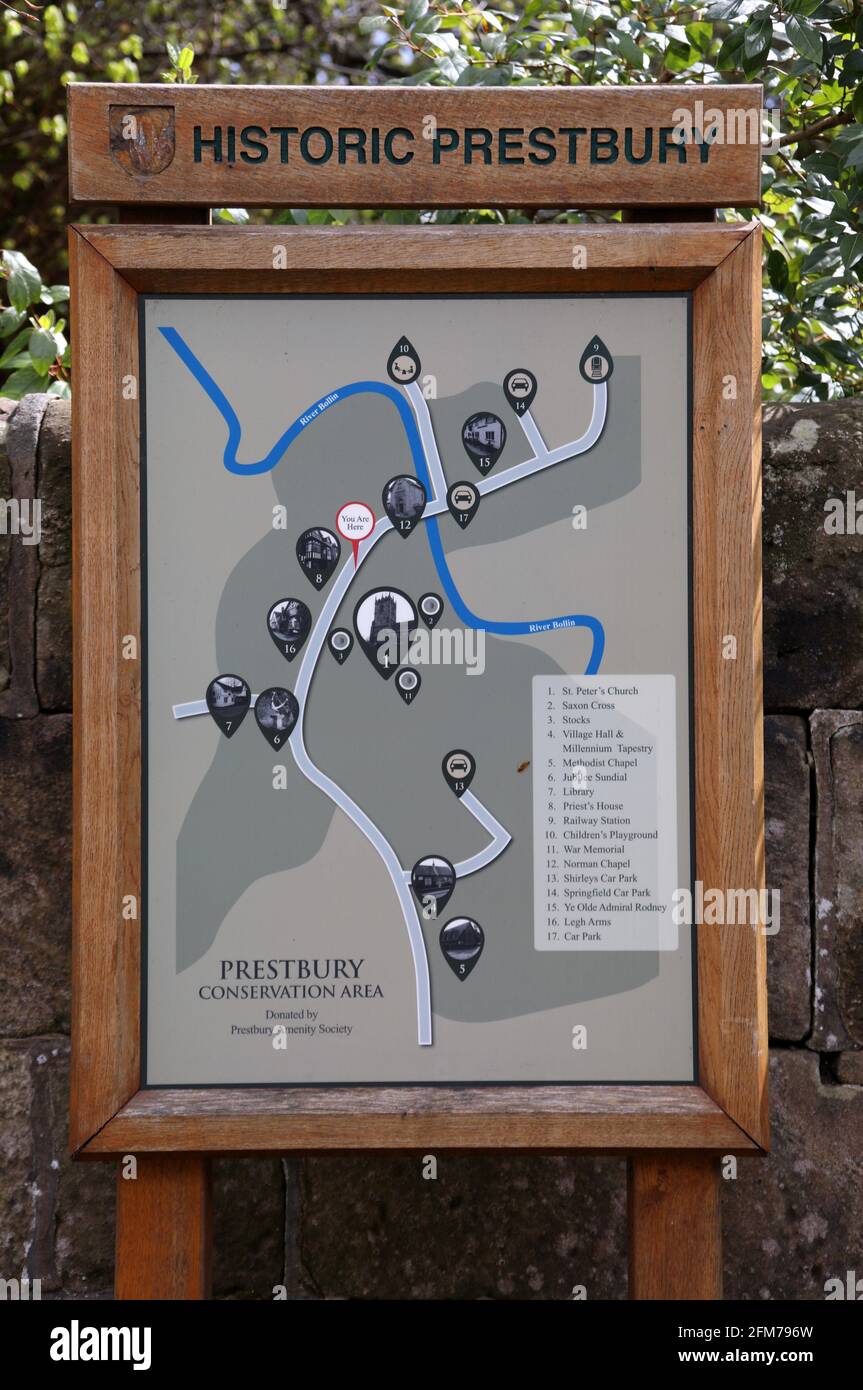 Mappa delle informazioni turistiche nel villaggio di Prestbury, Cheshire Foto Stock