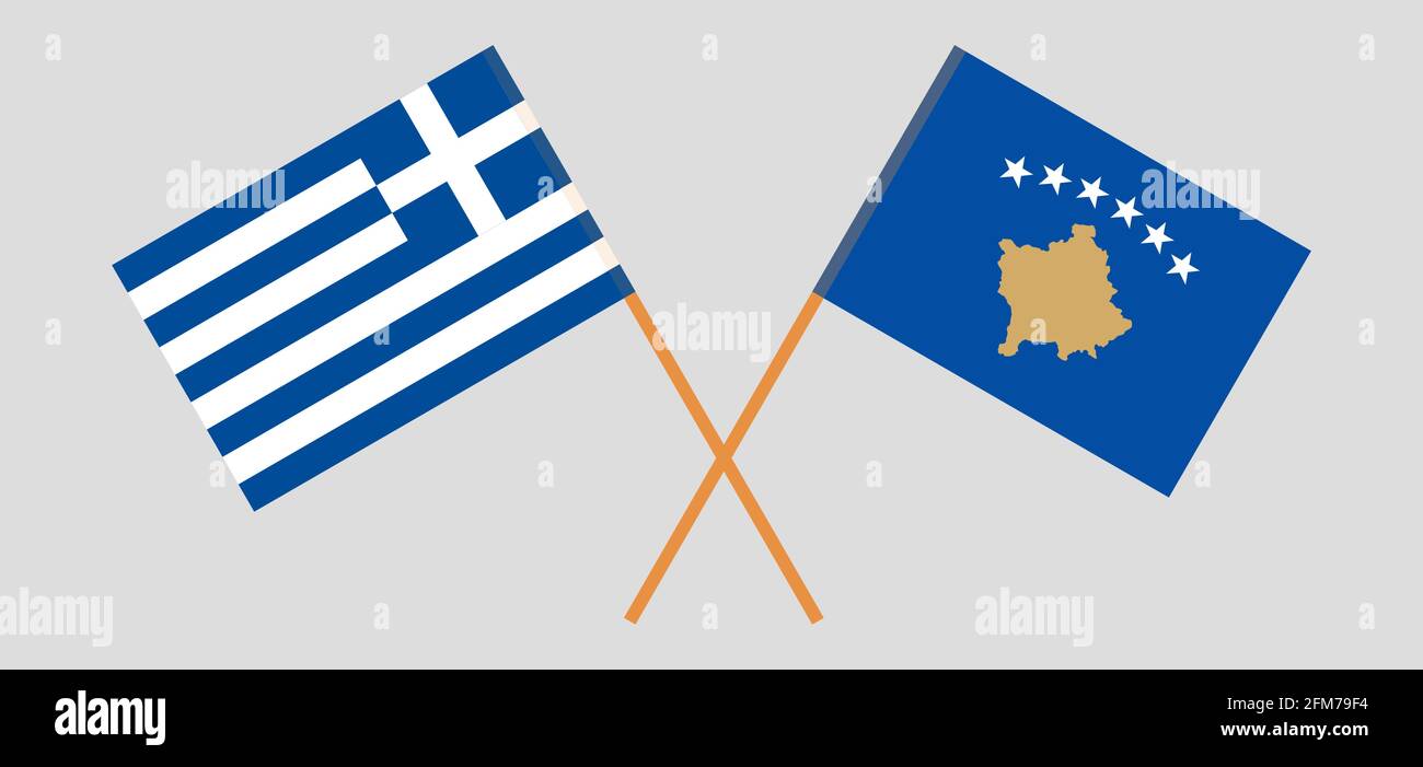 Bandiere incrociate del Kosovo e della Grecia. Colori ufficiali. Proporzione corretta. Illustrazione vettoriale Illustrazione Vettoriale