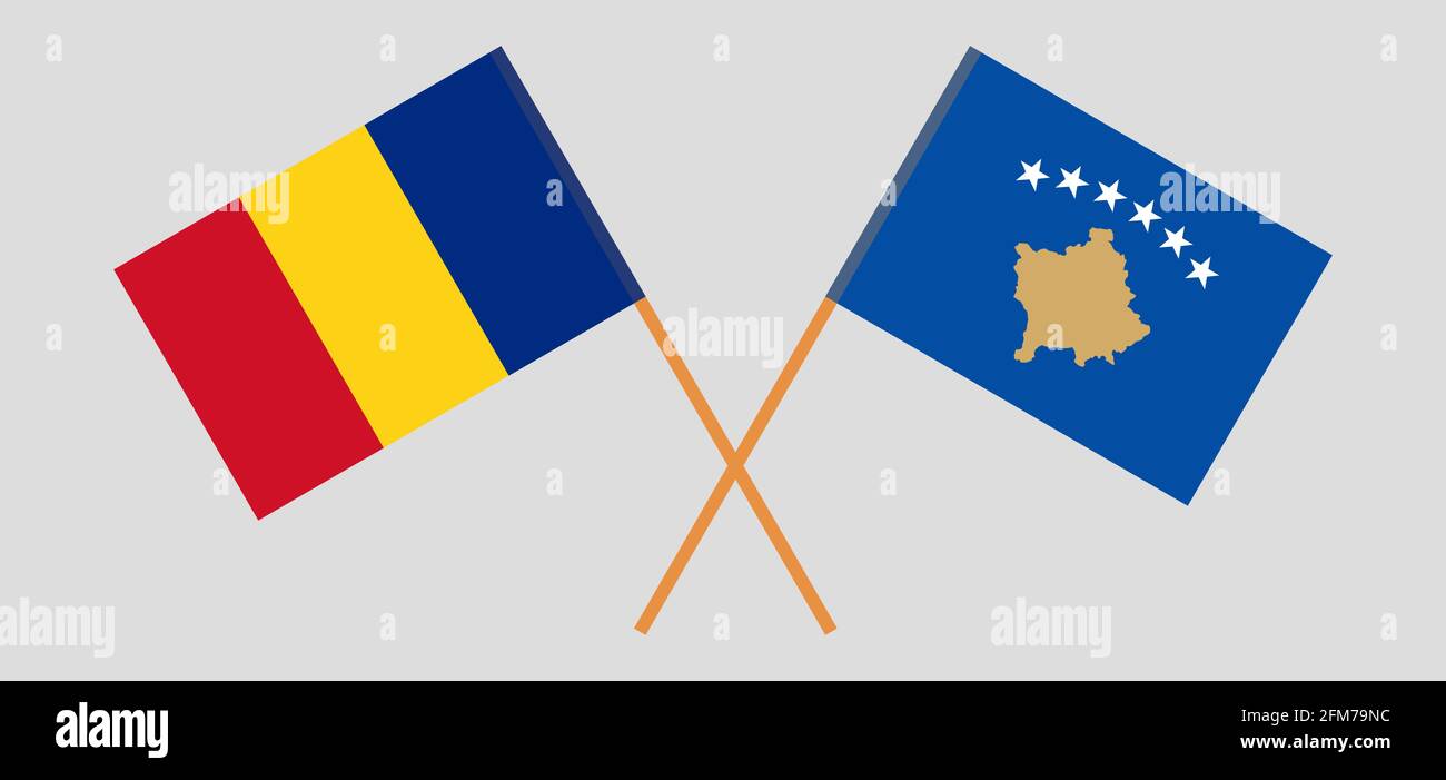 Bandiere incrociate del Kosovo e della Romania. Colori ufficiali. Proporzione corretta. Illustrazione vettoriale Illustrazione Vettoriale