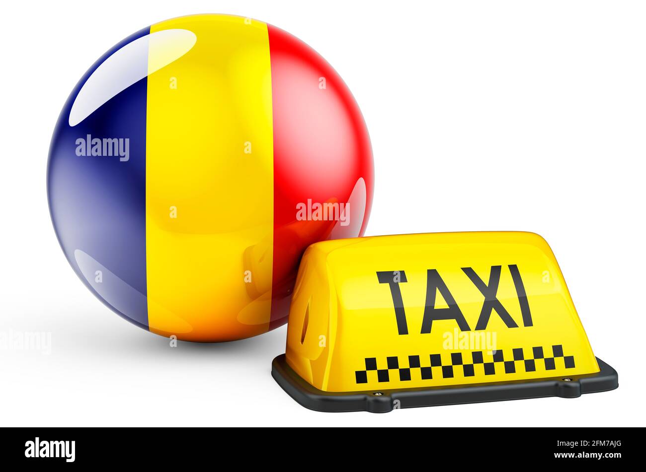 Servizio taxi in Romania Concept. Cartello taxi giallo con bandiera rumena, rendering 3D isolato su sfondo bianco Foto Stock