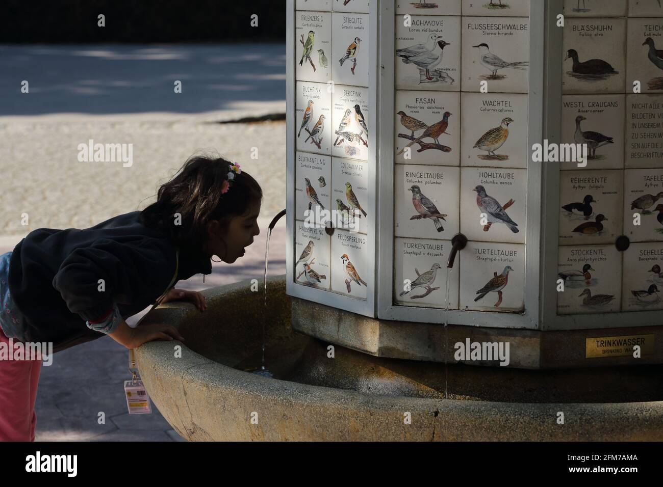 La bambina stanca nel parco dello zoo dissetava dalla fontana decorata con figure di uccelli Foto Stock