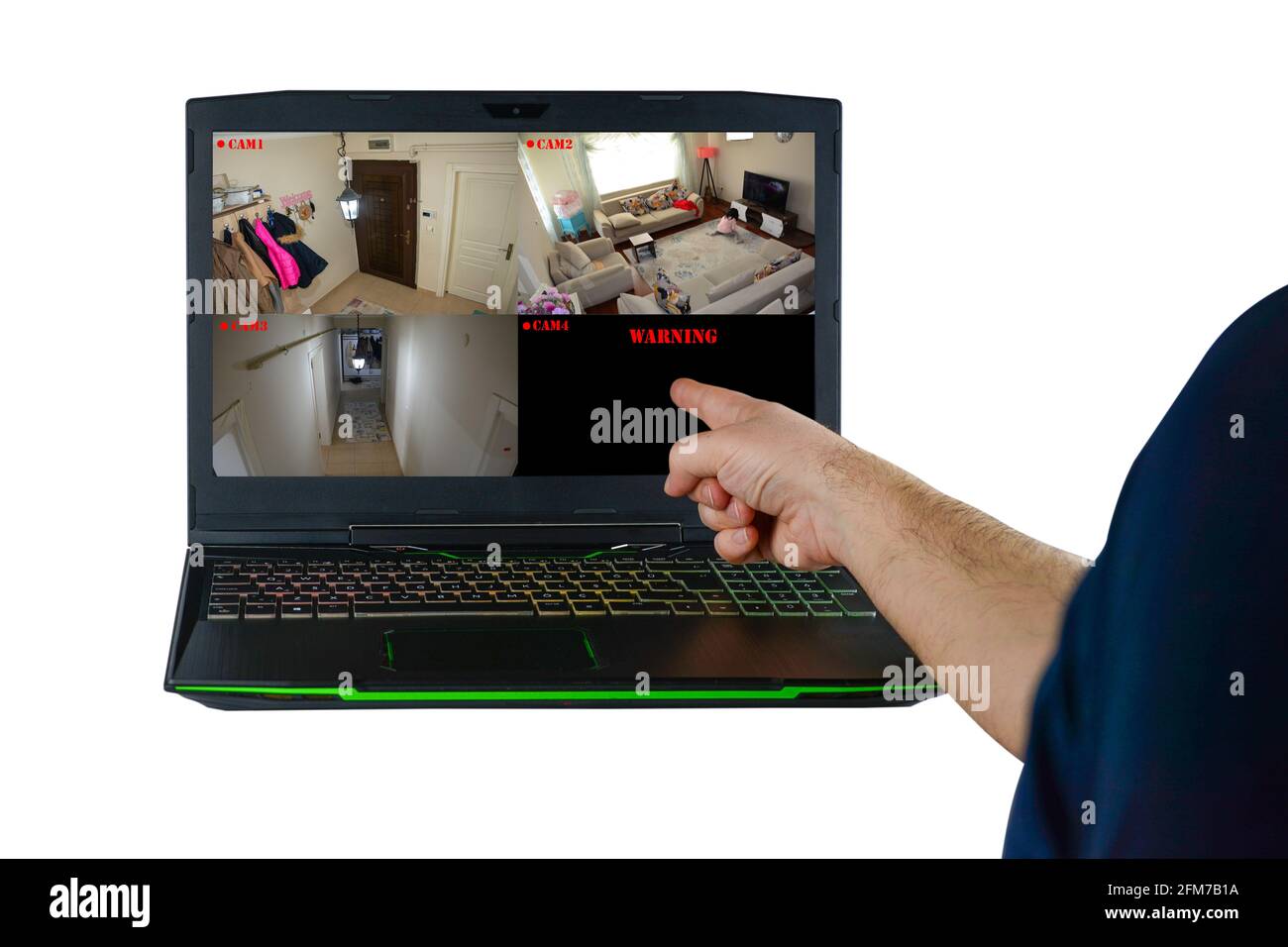 Una mano maschio indica l'avviso della sicurezza fotocamera sullo schermo del computer Foto Stock