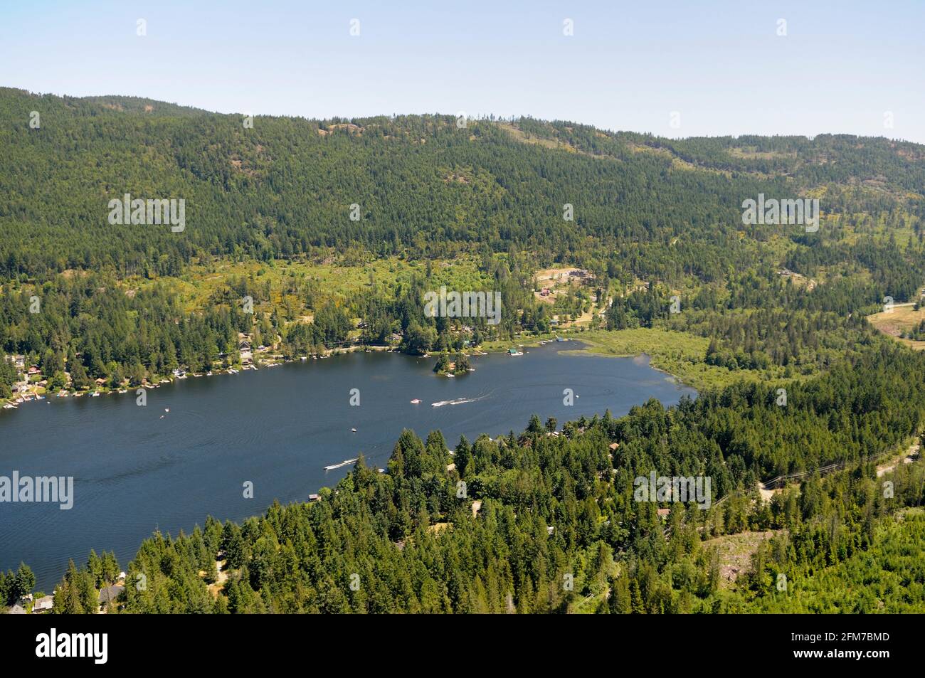 Fotografia aerea del lago Shawnigan, Vancouver Island, British Columbia, Canada. Foto Stock