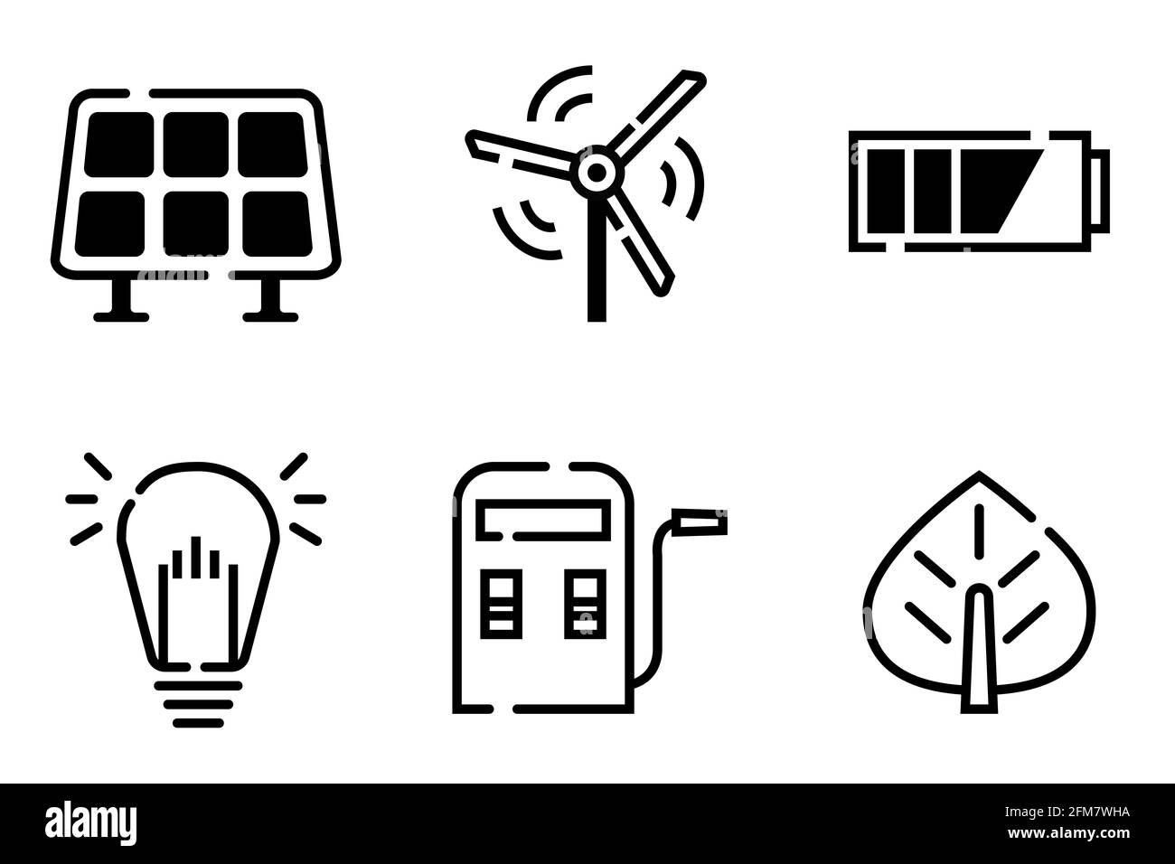 Set di icone di energia rinnovabile e batteria, energia verde per salvare l'ambiente e il riscaldamento globale. Riduzione del credito al carbonio Foto Stock