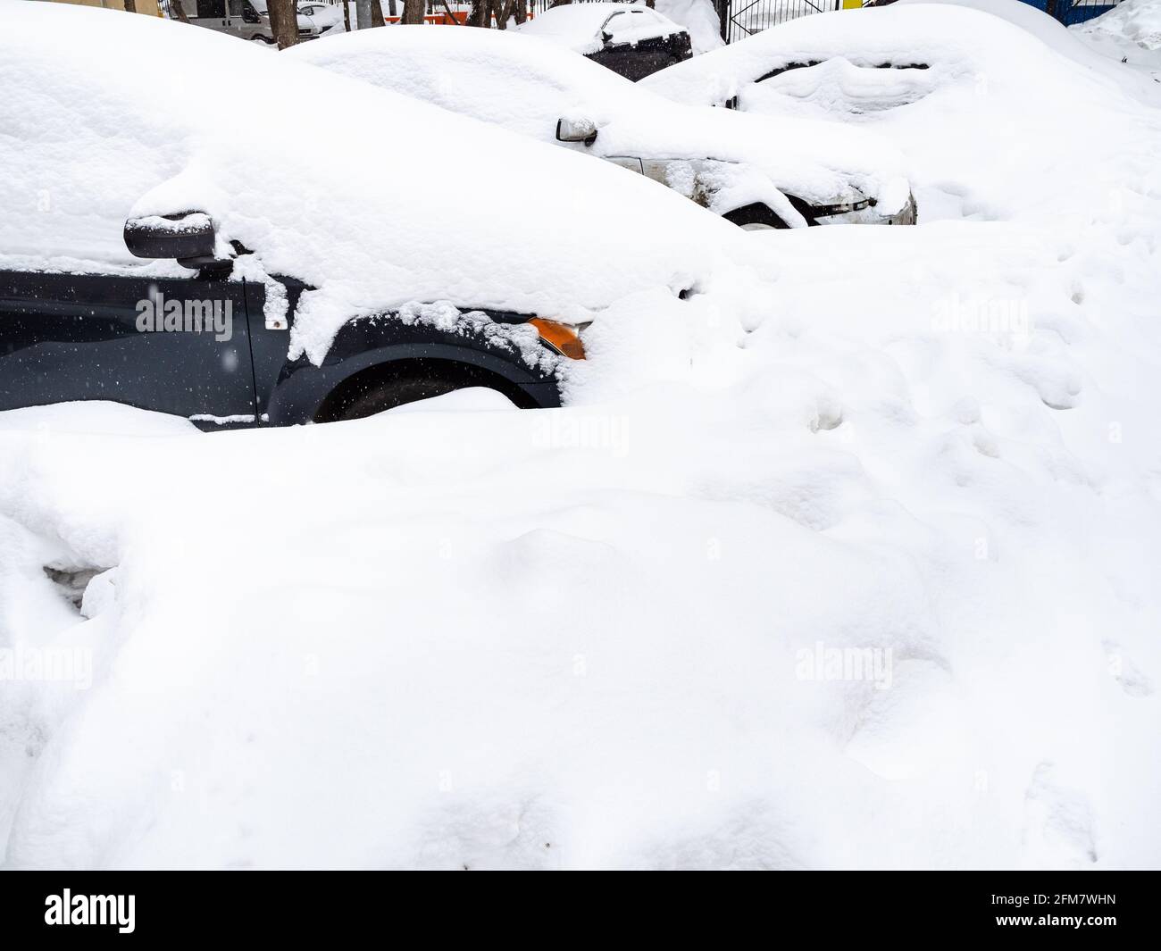 le profonde sponde della neve coprono le auto parcheggiate sulla strada della città dopo la nevicata il giorno d'inverno Foto Stock