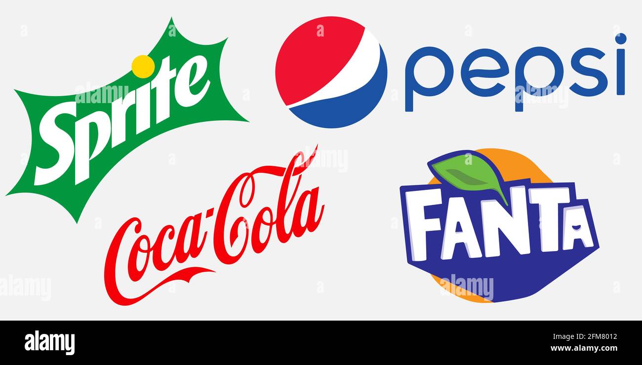 Vinnytsia, Ucraina - 6 maggio 2021: Pepsi, Coca-Cola, Sprite, Fanta. Set di popolari soft drink logo isolato su sfondo bianco Illustrazione Vettoriale