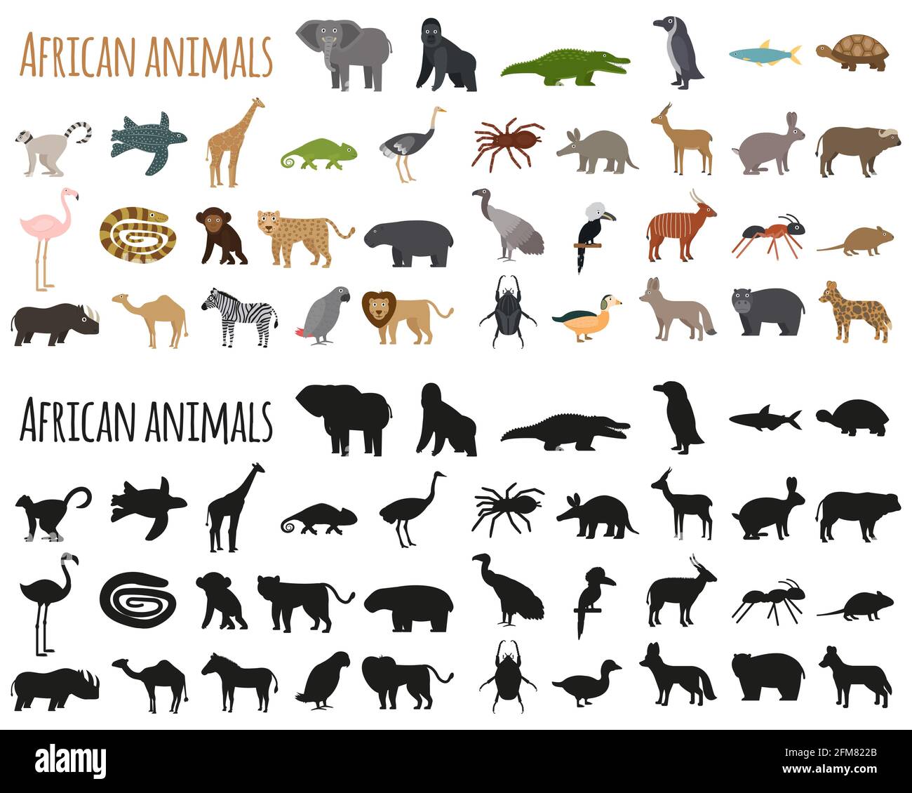 Set di animali africani in stile piatto e silhouette. Illustrazione vettoriale di carini personaggi animali cartoon. Illustrazione Vettoriale