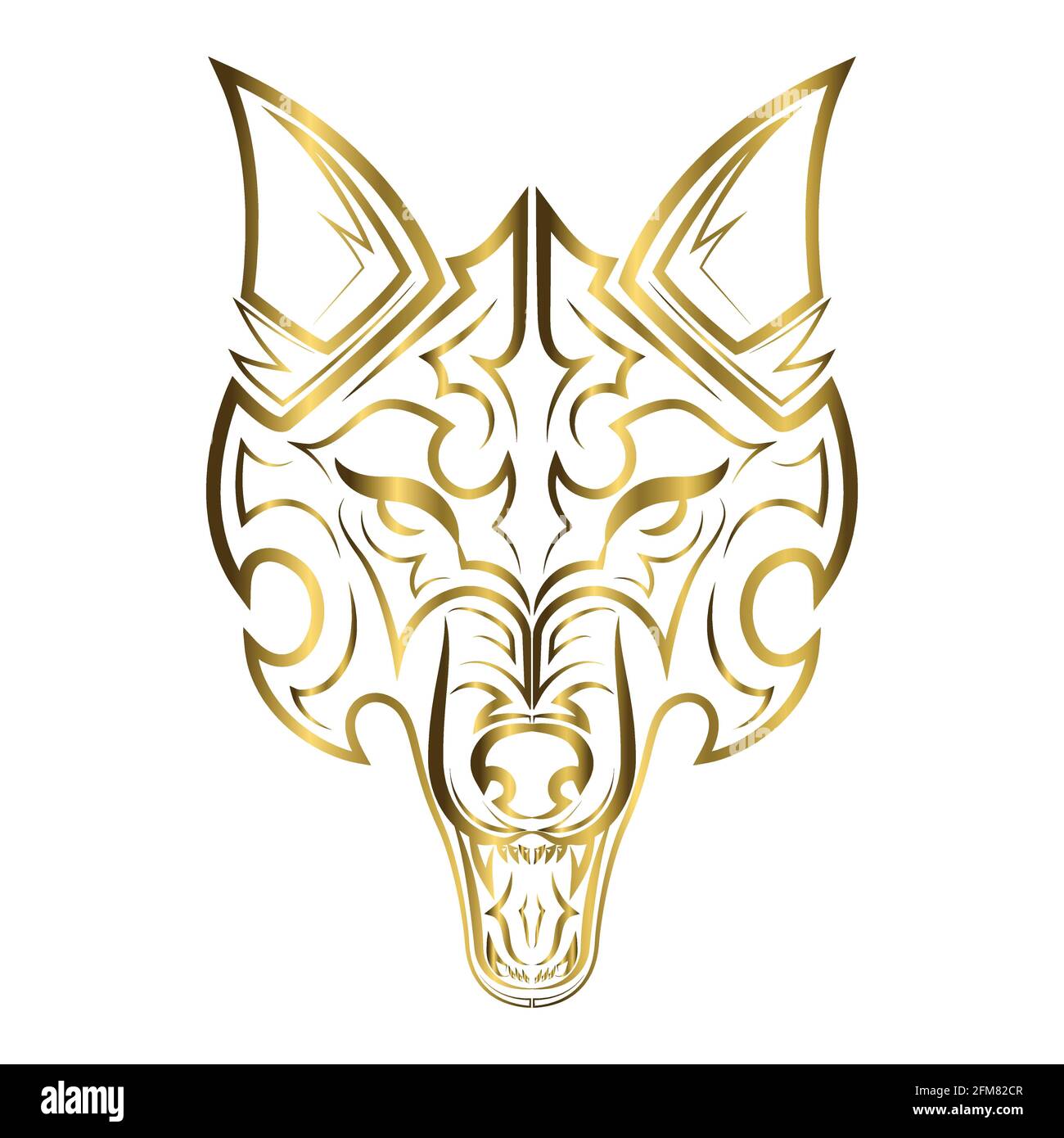 linea d'oro arte della testa del lupo. Buon uso per simbolo, mascotte, icona, avatar, tatuaggio, T Shirt design, logo o qualsiasi design che si desidera. Illustrazione Vettoriale