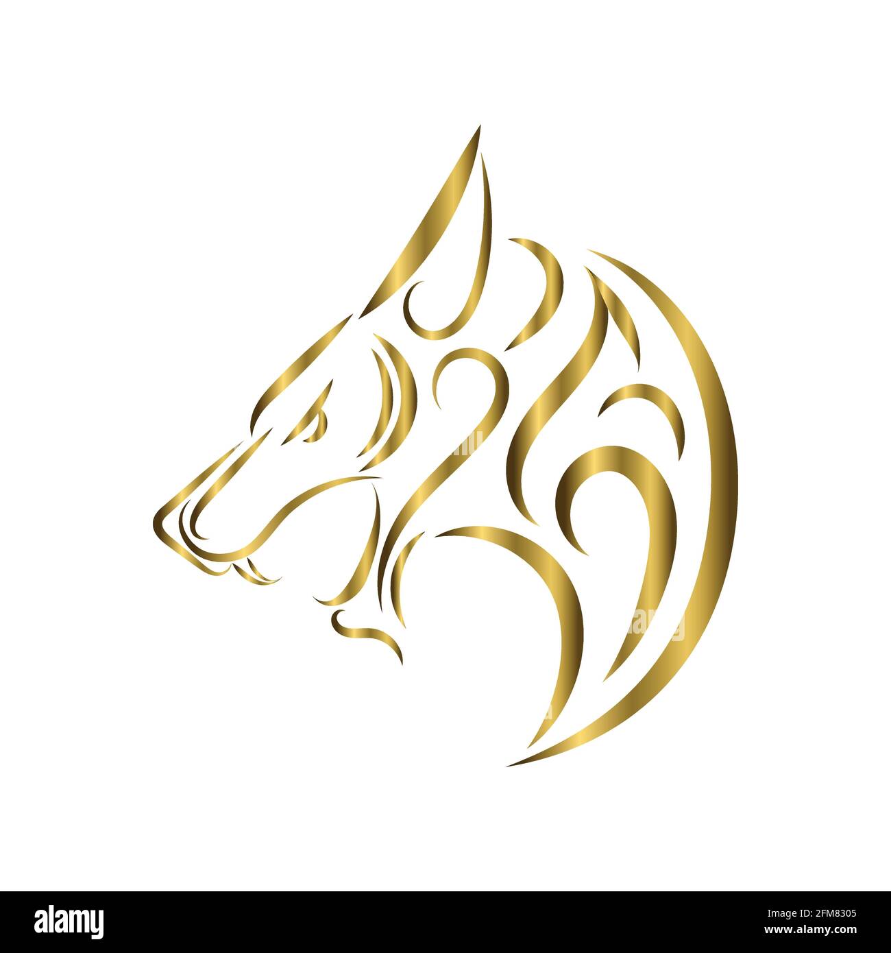 linea d'oro arte della testa del lupo. Buon uso per simbolo, mascotte, icona, avatar, tatuaggio, T Shirt design, logo o qualsiasi design che si desidera. Illustrazione Vettoriale