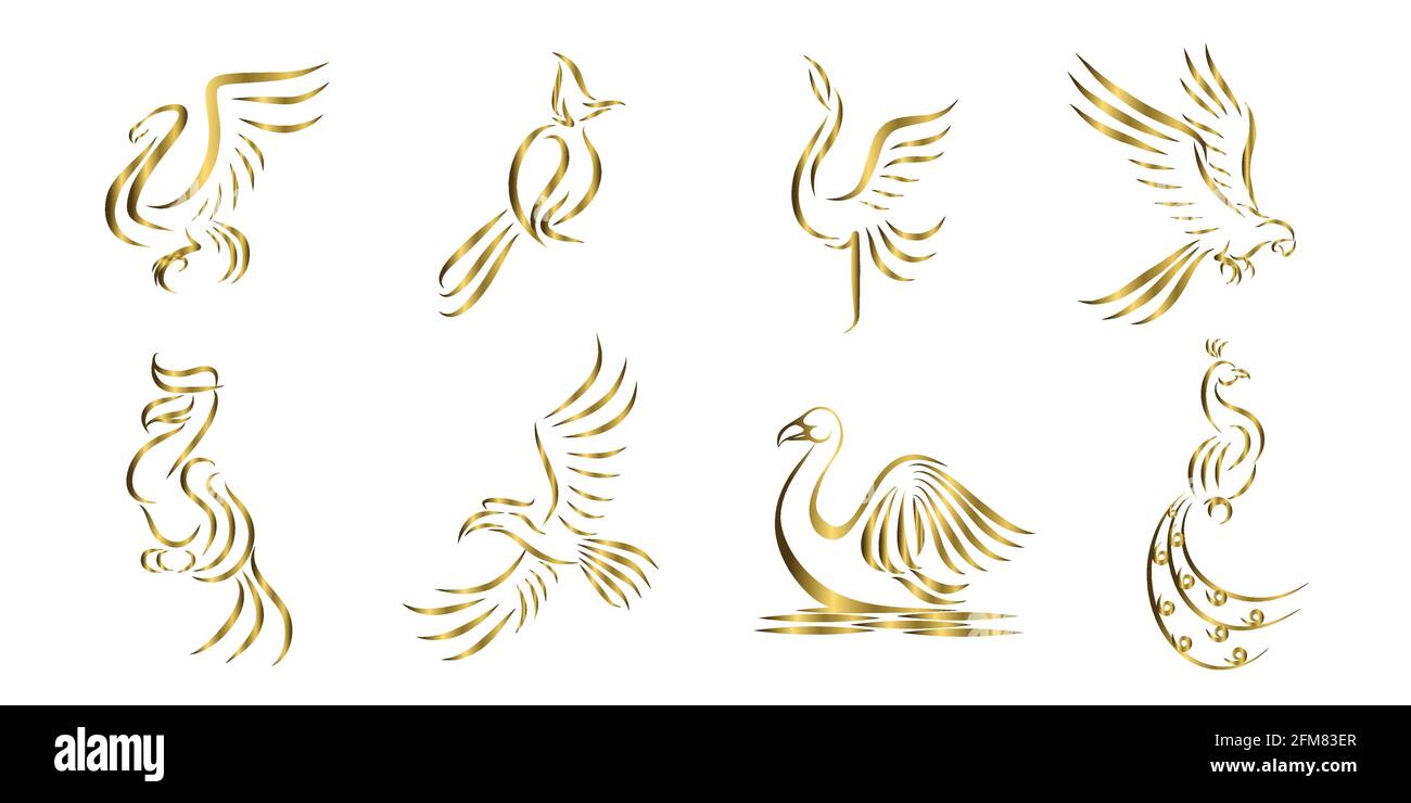 Set di otto immagini vettoriali dorate di uccelli diversi. Il disegno a linee può essere utilizzato come simbolo. I contrassegni o i loghi sono accettabili. Illustrazione Vettoriale