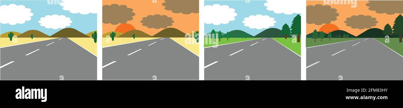 Insieme vettoriale di paesaggi di strade su entrambi i lati del deserto e prateria. Durante il giorno e al tramonto è un semplice cartone animato. È un design frat. Illustrazione Vettoriale