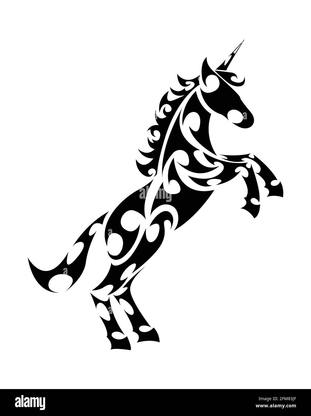 Vettore line art di unicorno con gambe anteriori sollevate. Adatto per l'uso come decorazione o logo. Illustrazione Vettoriale