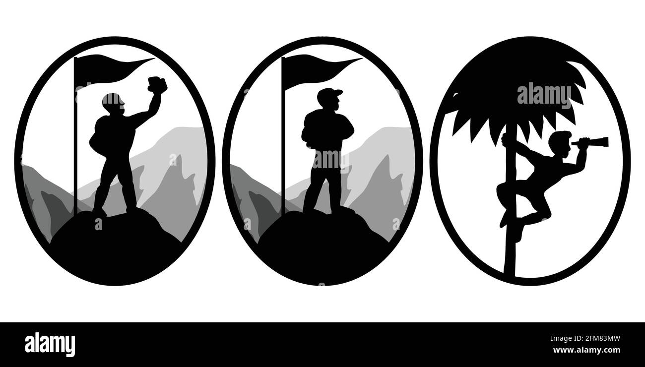 Insieme di tre immagini vettoriali di scalatori in piedi in cima Di una montagna e prendendo un selfie e un uomo arrampicandosi su una palma per guardare nel binocolo Illustrazione Vettoriale