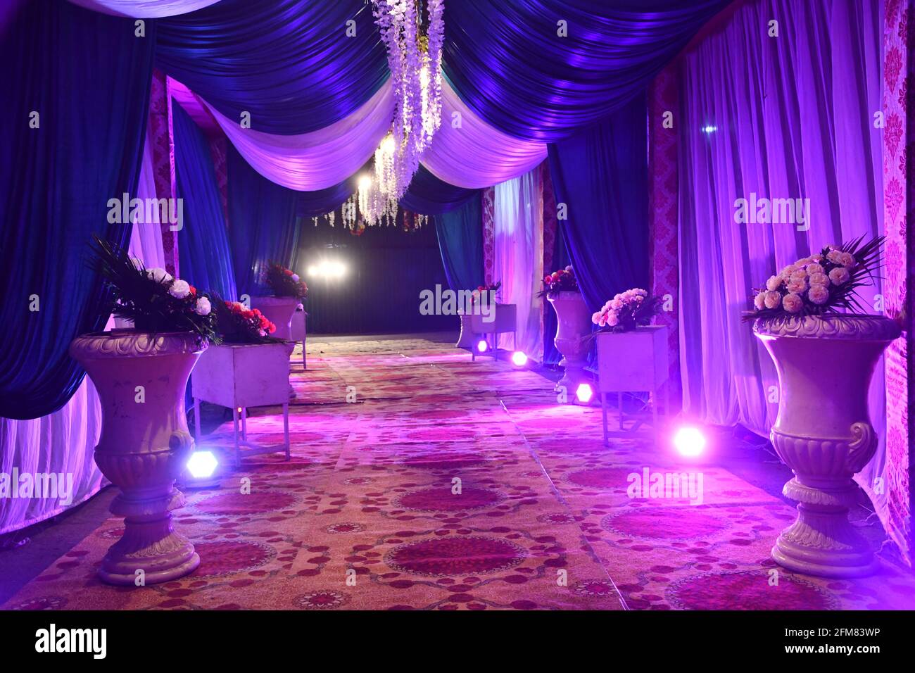 Entrata della funzione indiana di matrimonio con pieni di colori e luci e graziose tende colorate, tappeti da pavimento e decorate con fiori Foto Stock